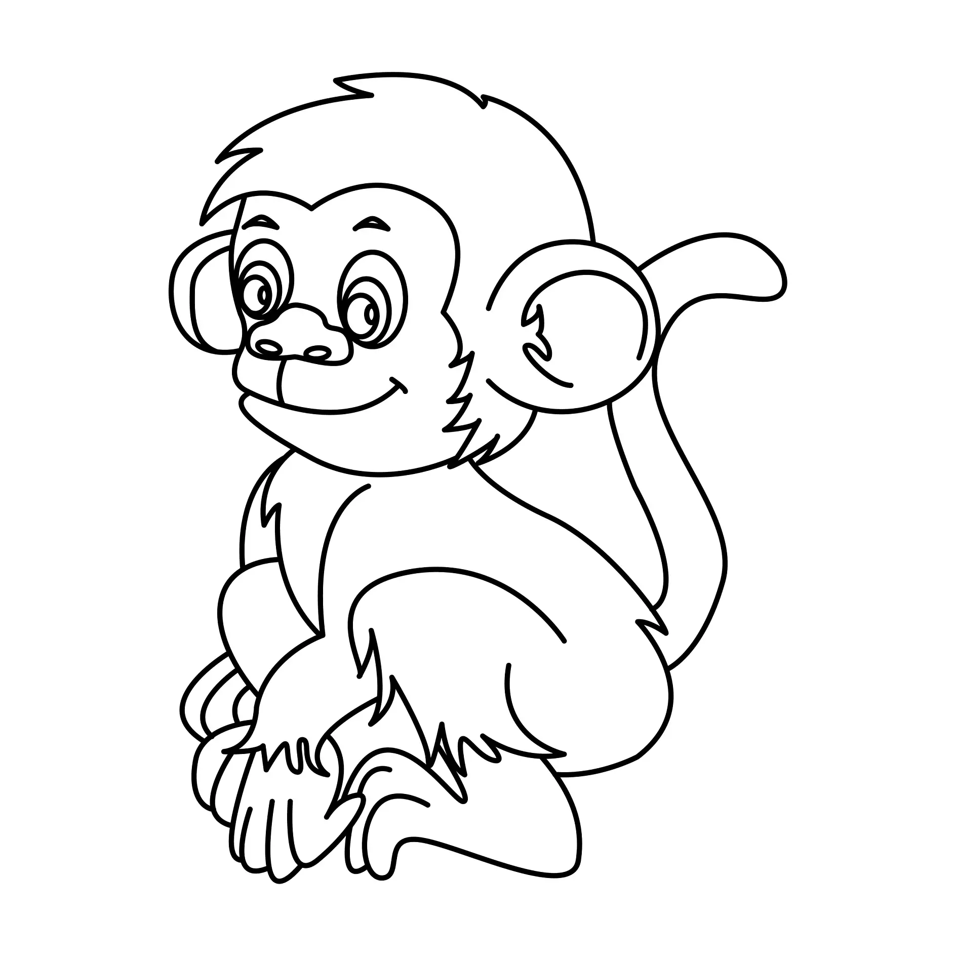 Ausmalbild Affe sitzt seitlich und lächelt freundlich