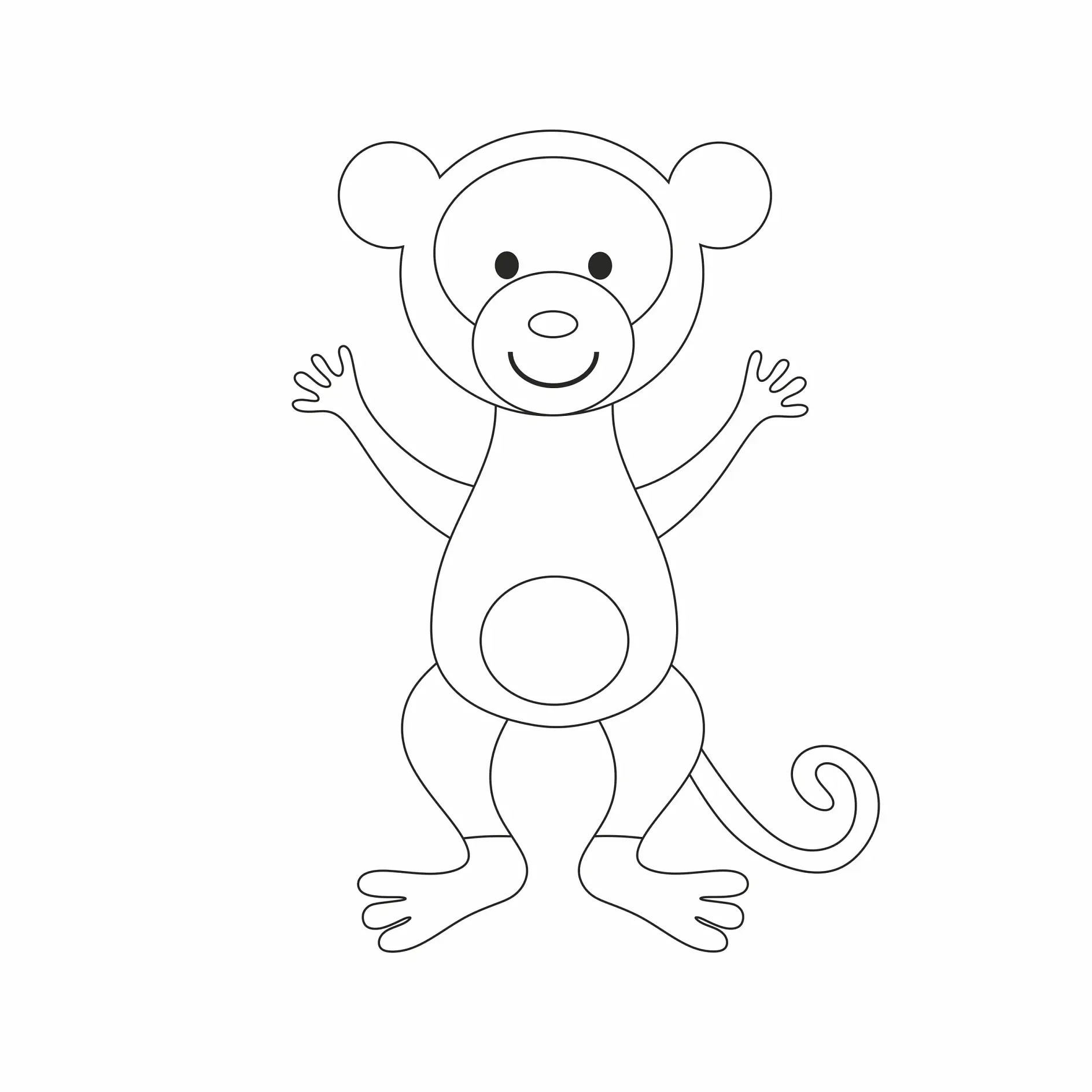 Ausmalbild Affe steht lächelnd mit erhobenen Armen