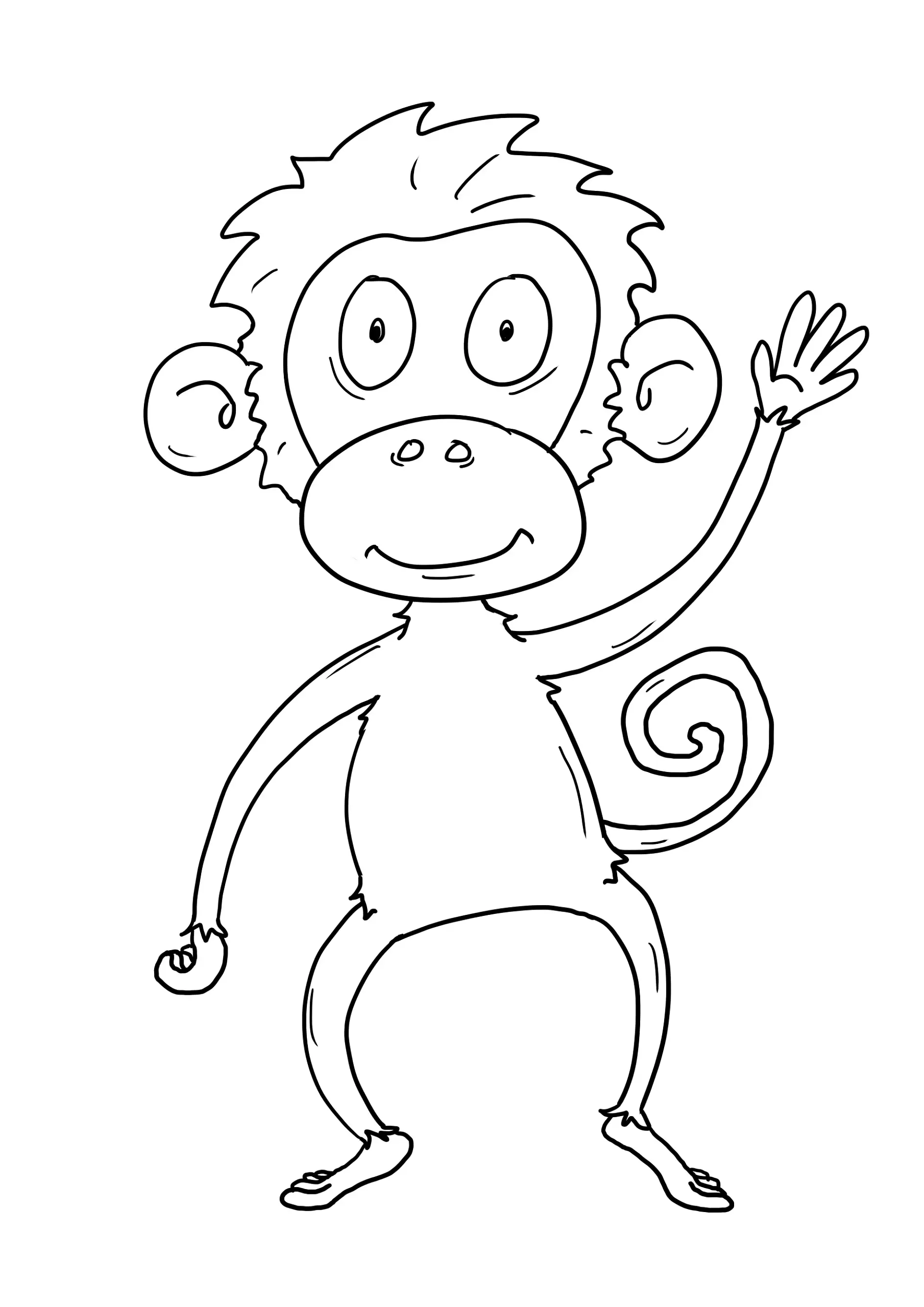 Ausmalbild Affe steht winkend mit einem breiten Lächeln