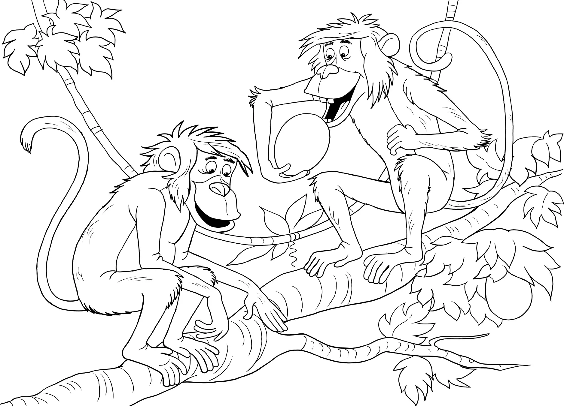 Ausmalbild Affen sitzen auf einem Ast und lachen