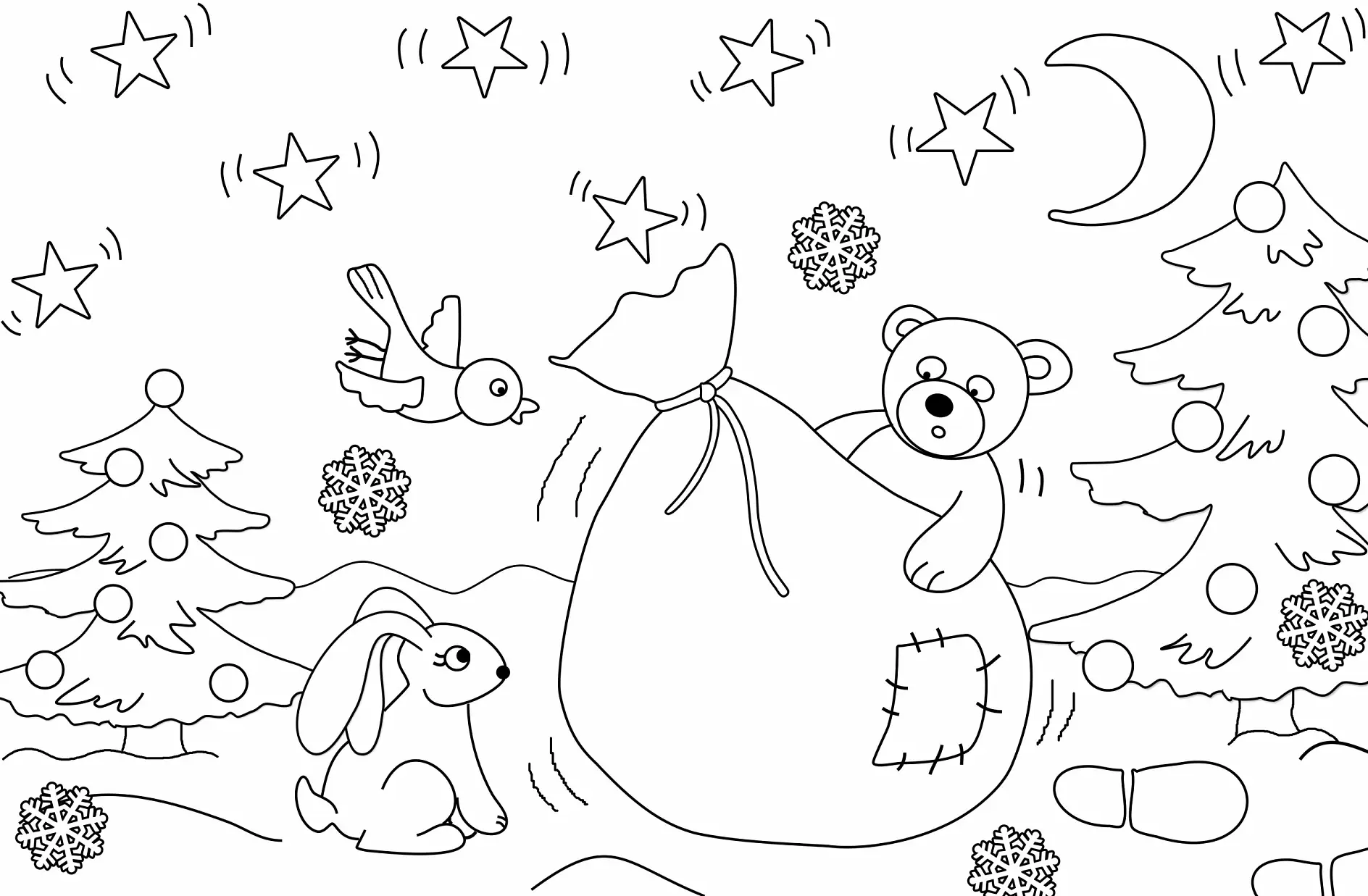 Ausmalbild Bär mit großem Sack und Hase in winterlicher Landschaft