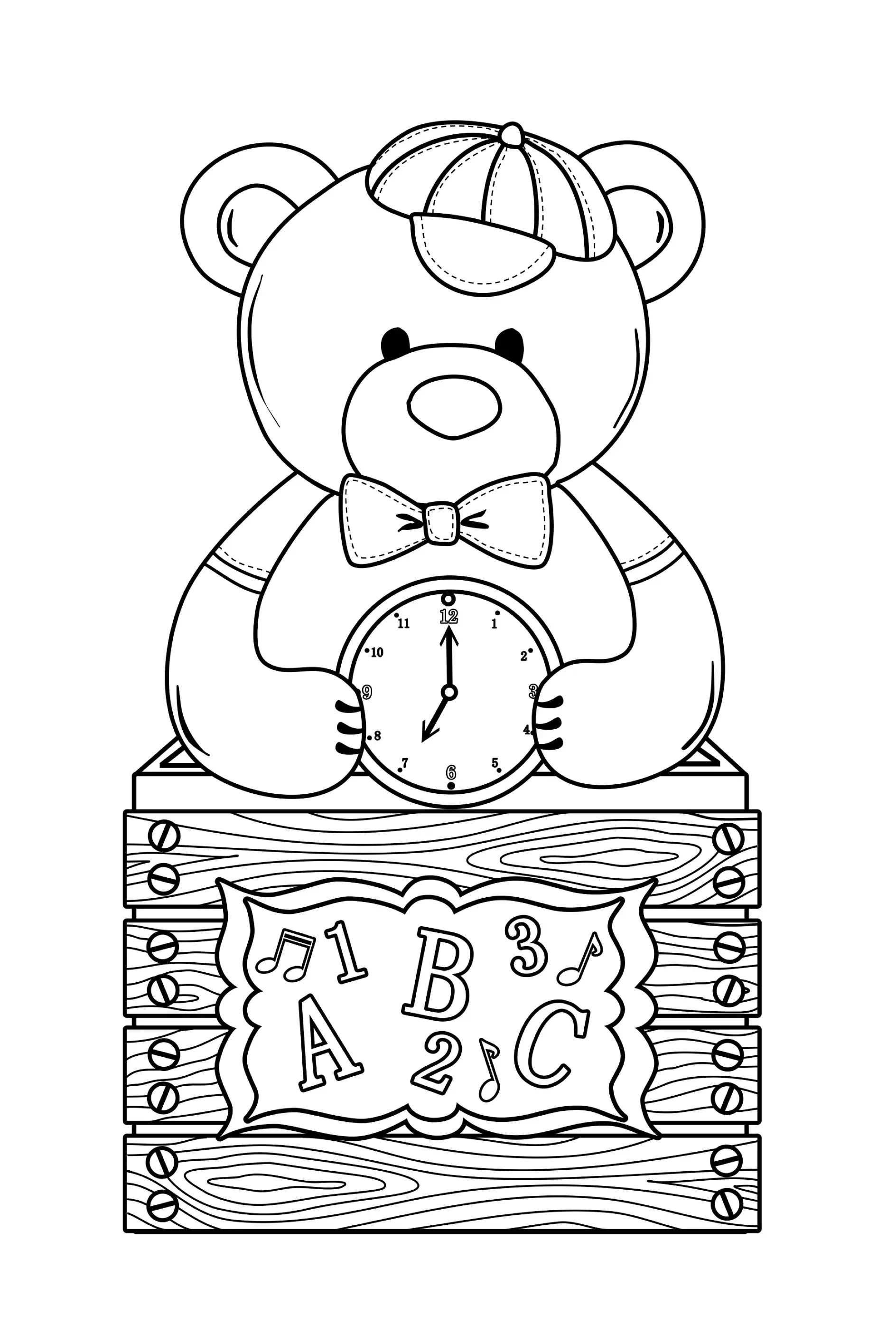 Ausmalbild Bär mit Mütze hält eine Uhr