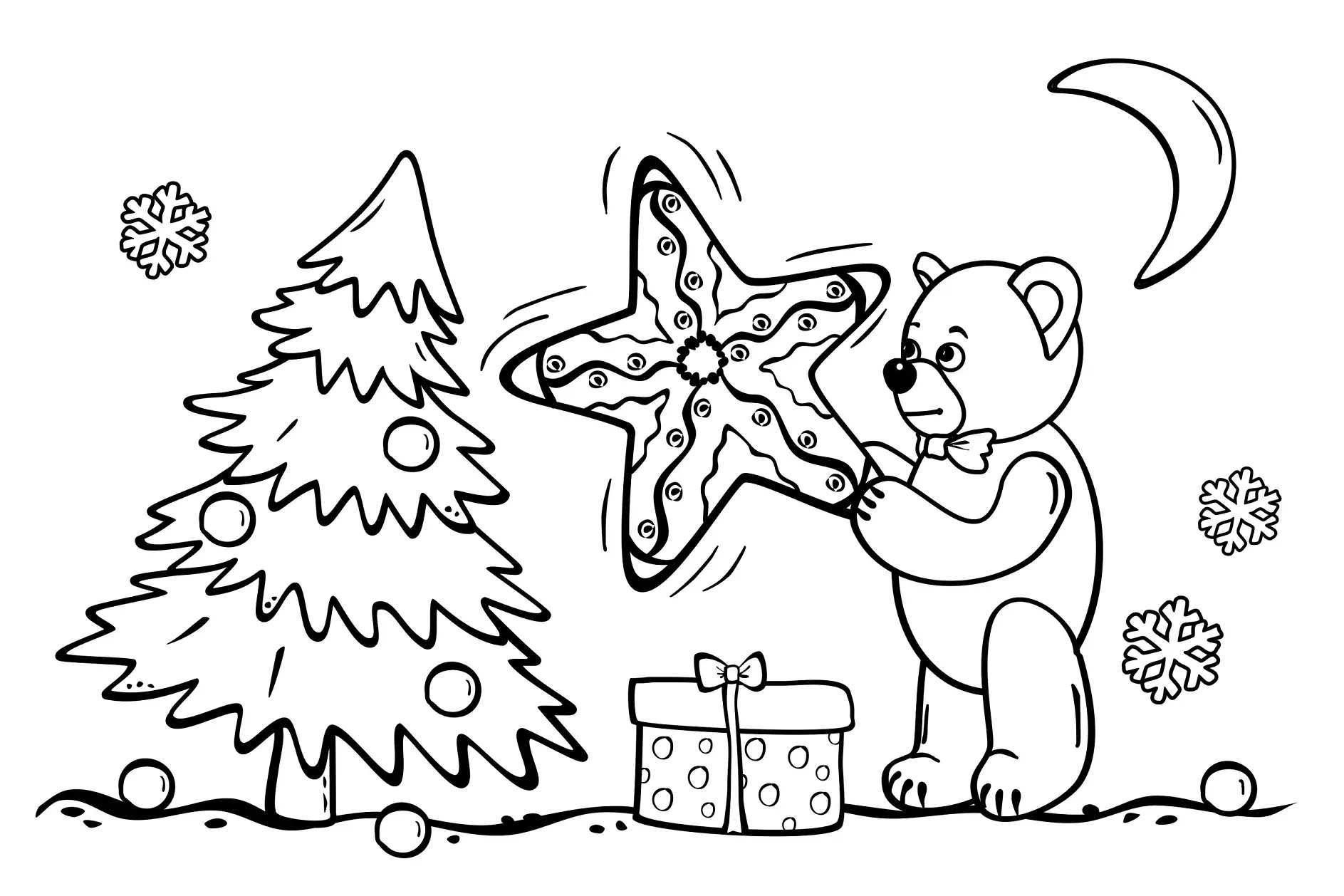 Ausmalbild Bär schmückt Weihnachtsbaum mit Stern in winterlicher Szene