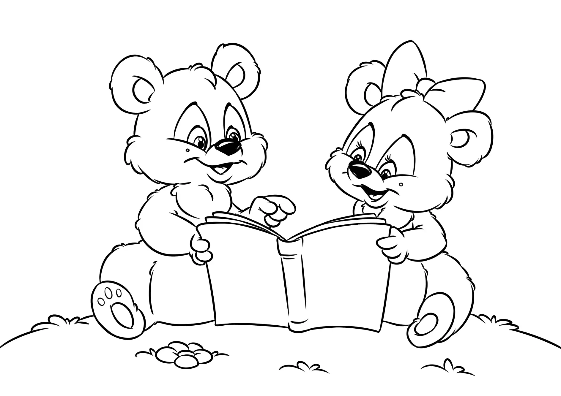 Ausmalbild Bären lesen zusammen ein Buch im Freien