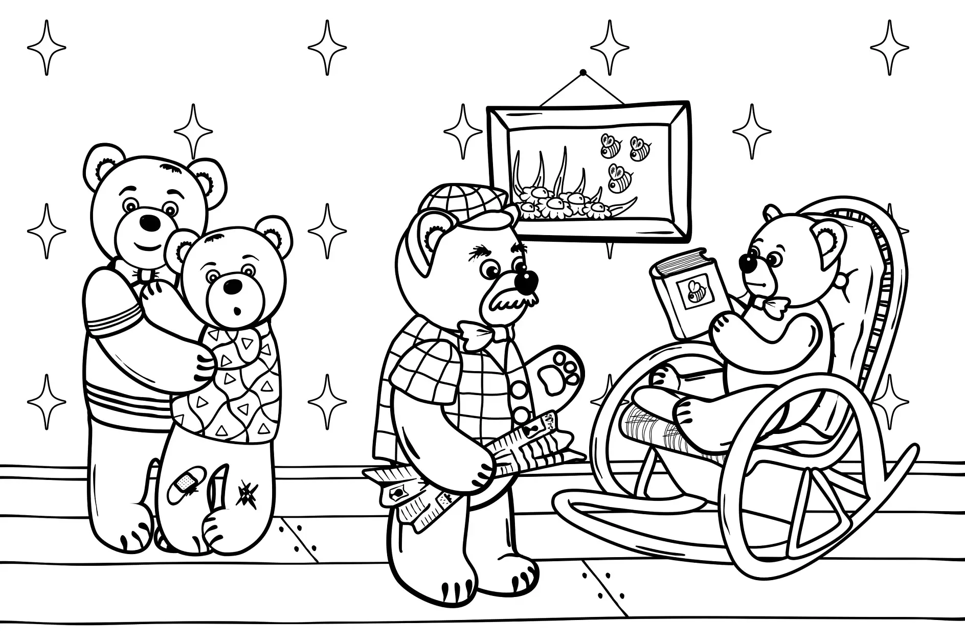 Ausmalbild Bärenfamilie im Wohnzimmer