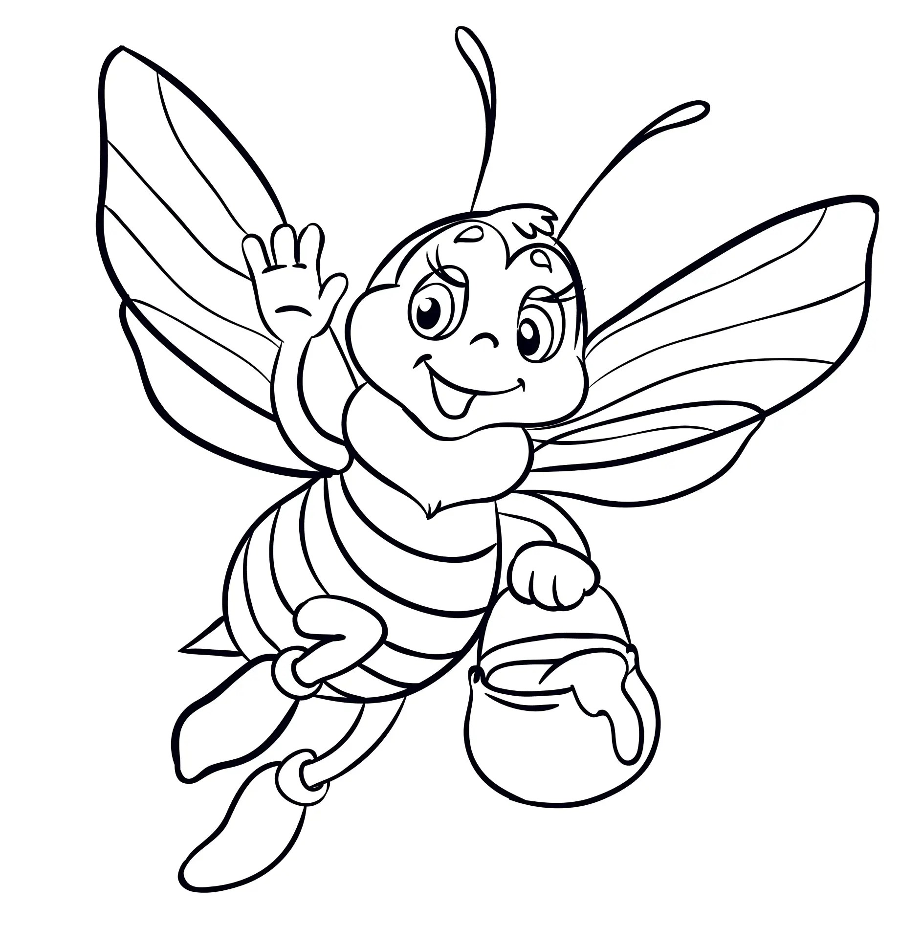 Ausmalbild Biene mit Honigtopf im Flug winkend