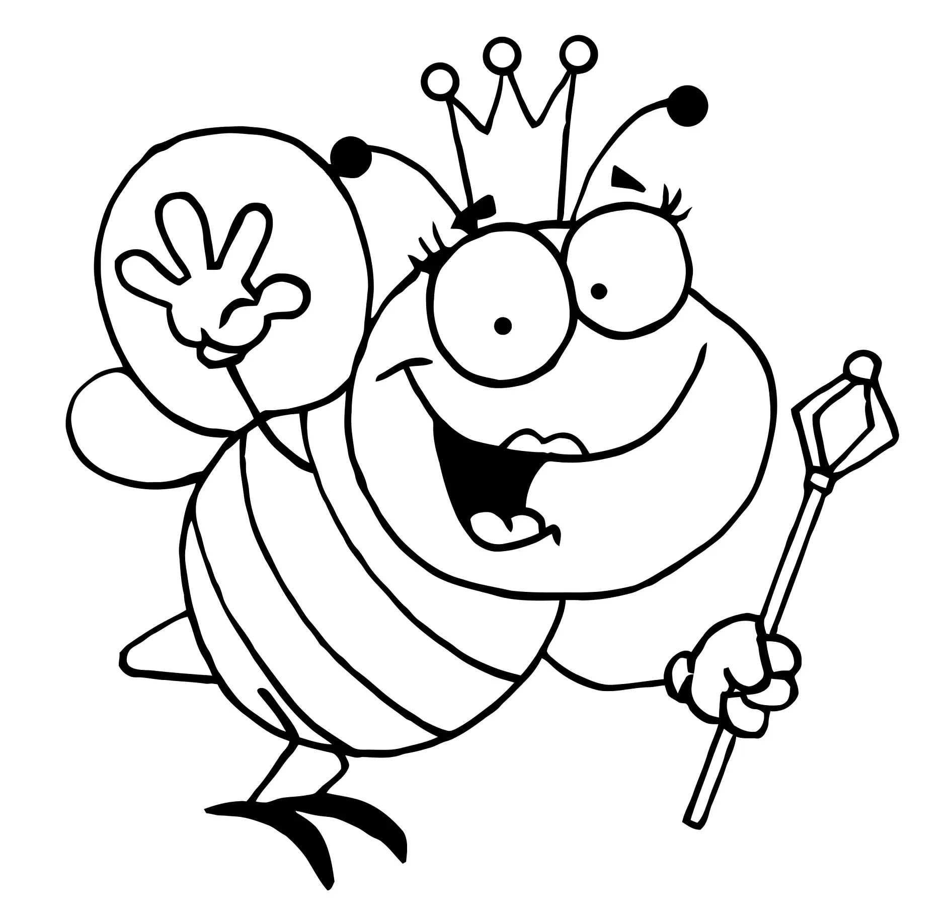 Ausmalbild Biene mit Krone und Zepter winkend