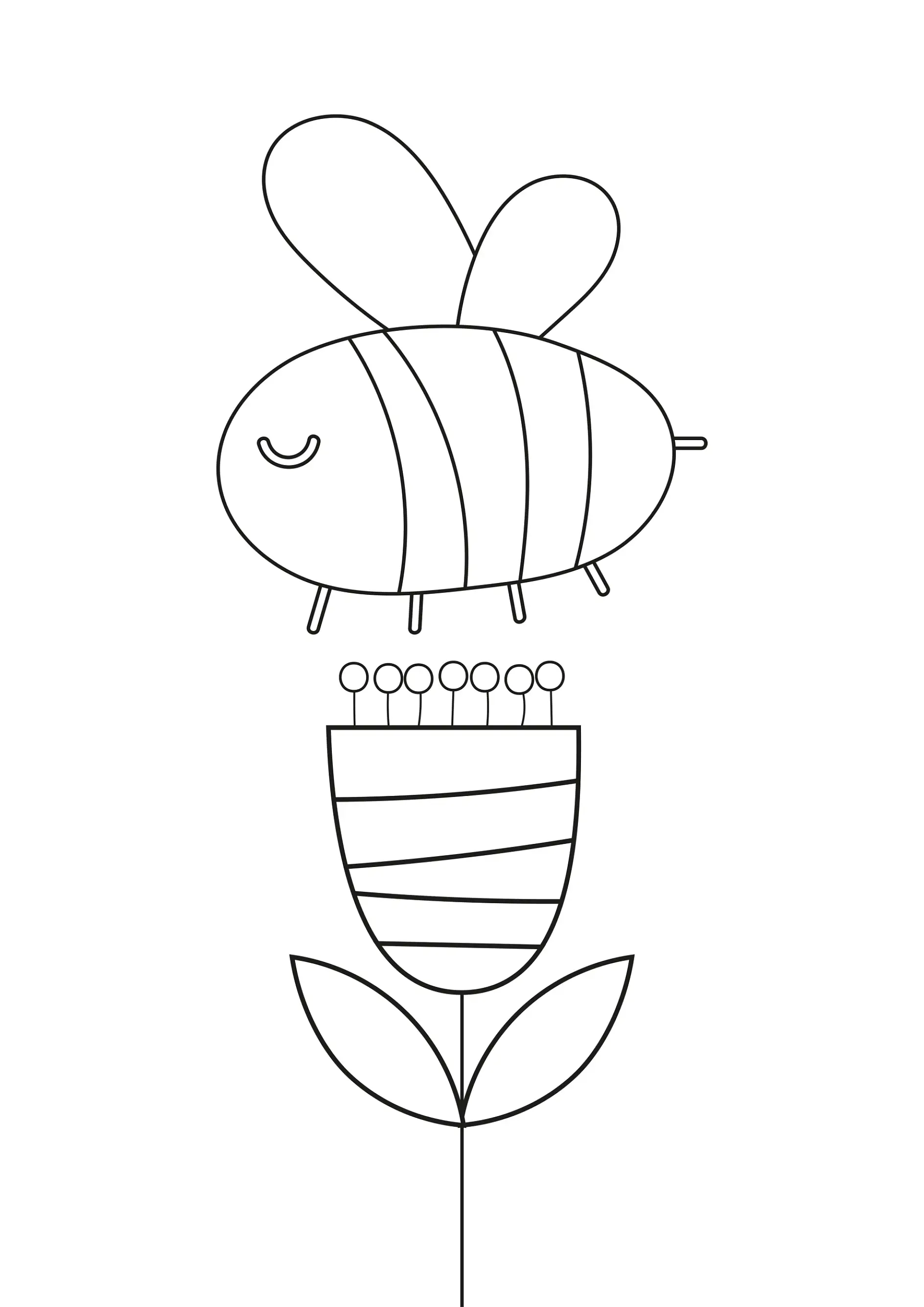 Ausmalbild Biene schwebt über einer Blume mit einfachen Linien