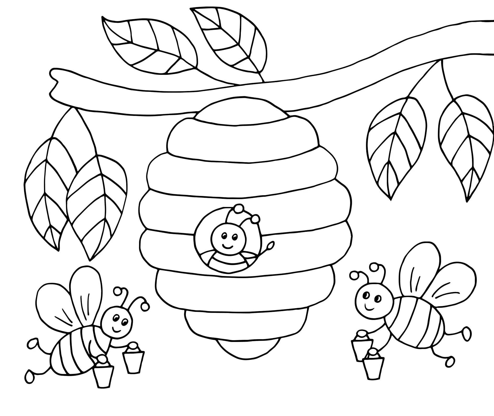 Ausmalbild Bienen mit Eimern sammeln Honig am Bienenstock in Baum