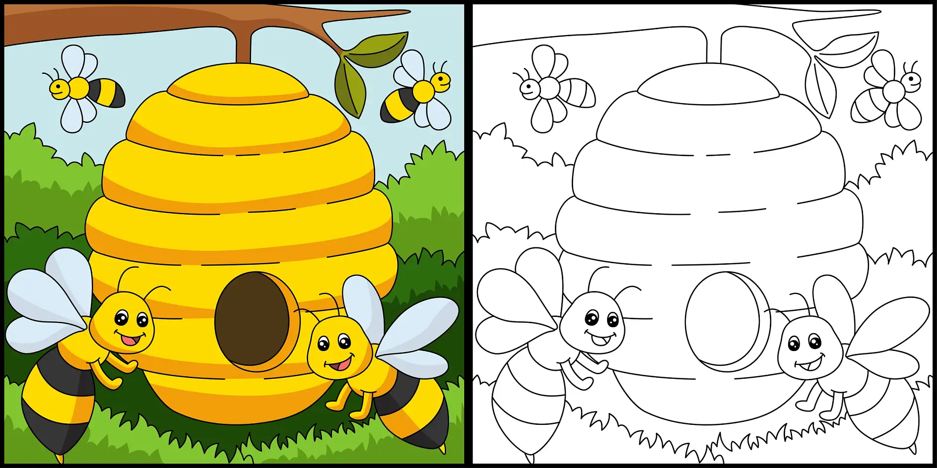 Ausmalbild Bienen umgeben ihren Bienenstock