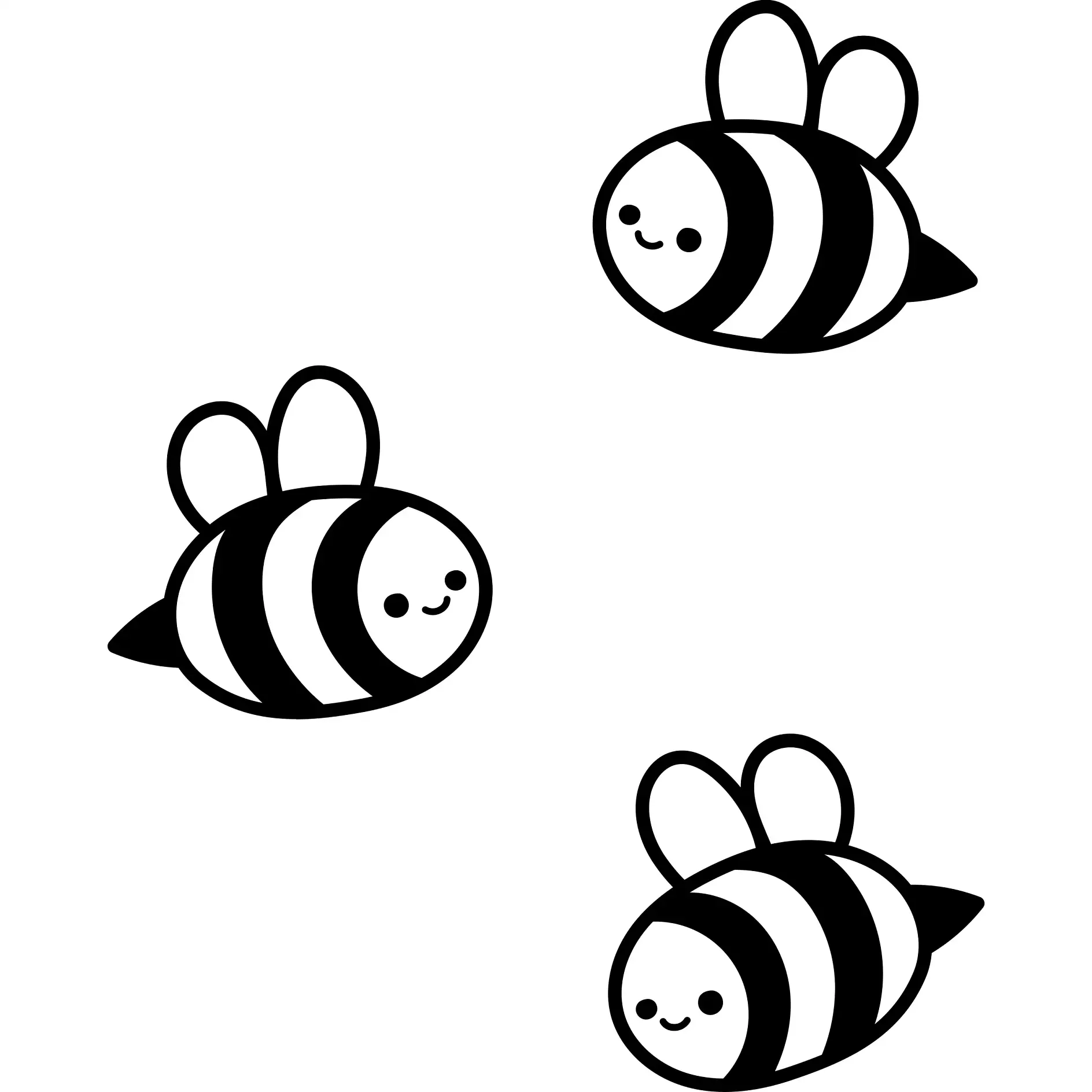 Ausmalbild drei lächelnde Bienen mit gestreiften Körpern und Flügeln
