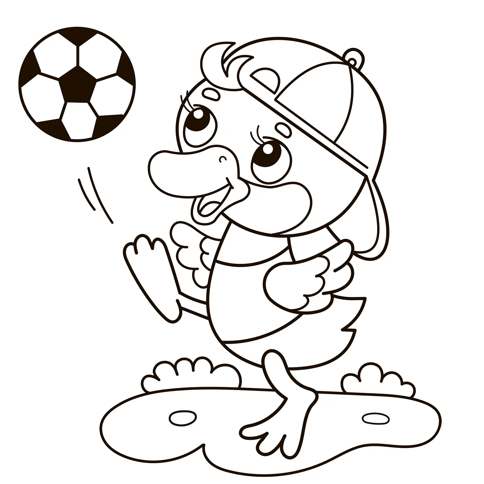 Ausmalbild Ente mit Baseballkappe spielt mit einem Fußball