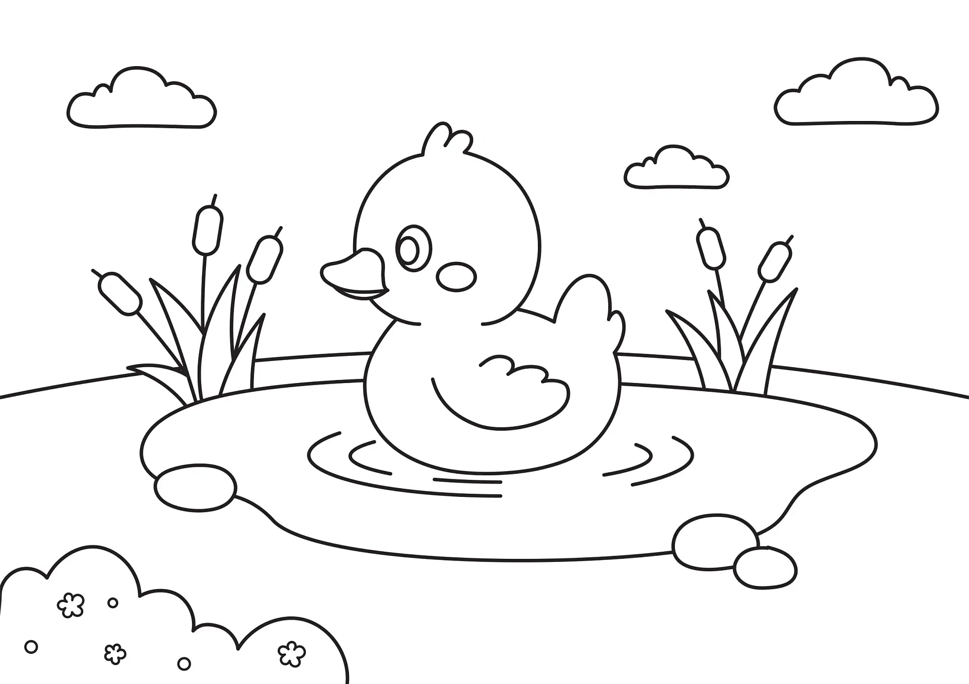 Ausmalbild Ente schwimmend in einem Teich mit Pflanzen im Hintergrund