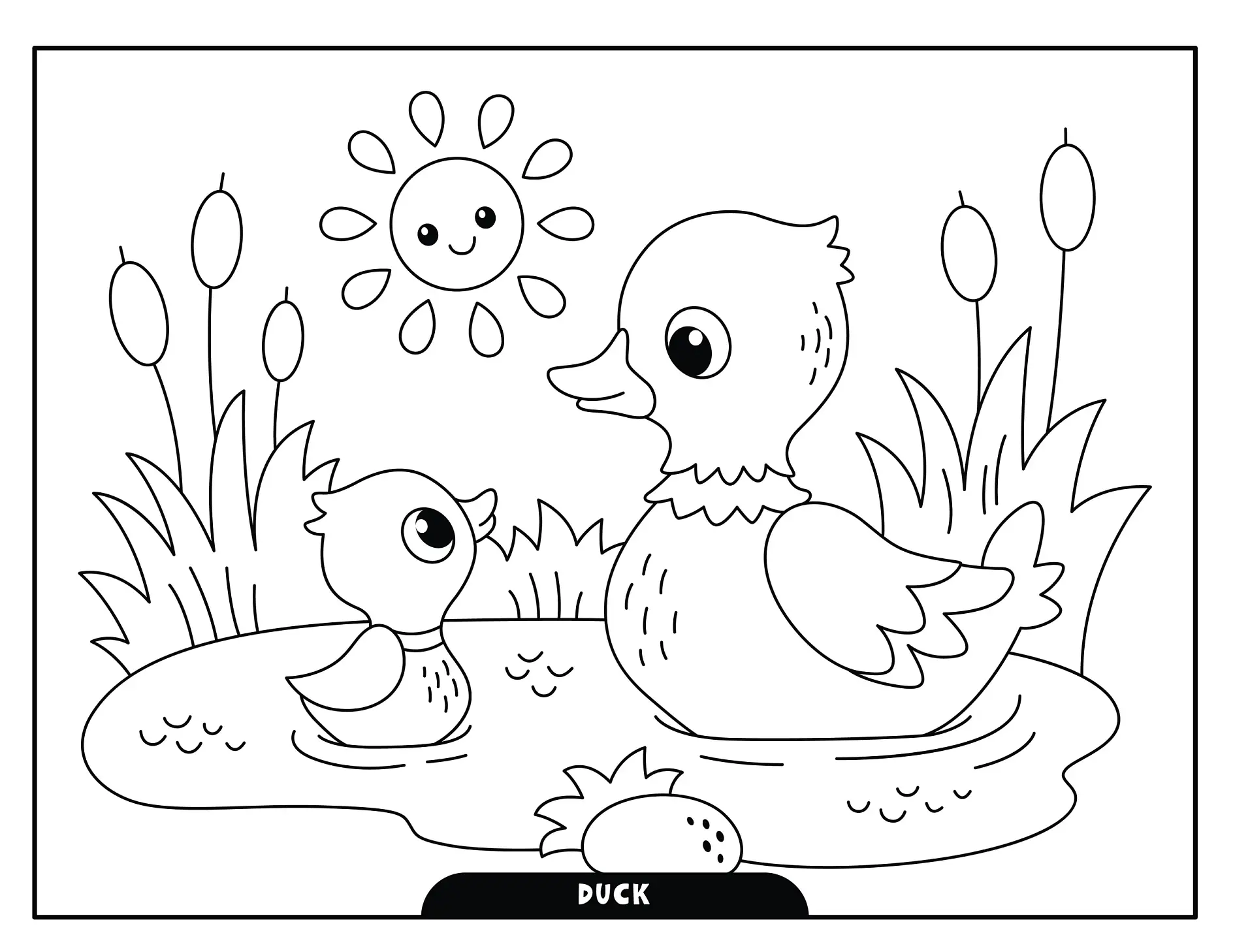Ausmalbild Ente schwimmt mit Küken im Teich