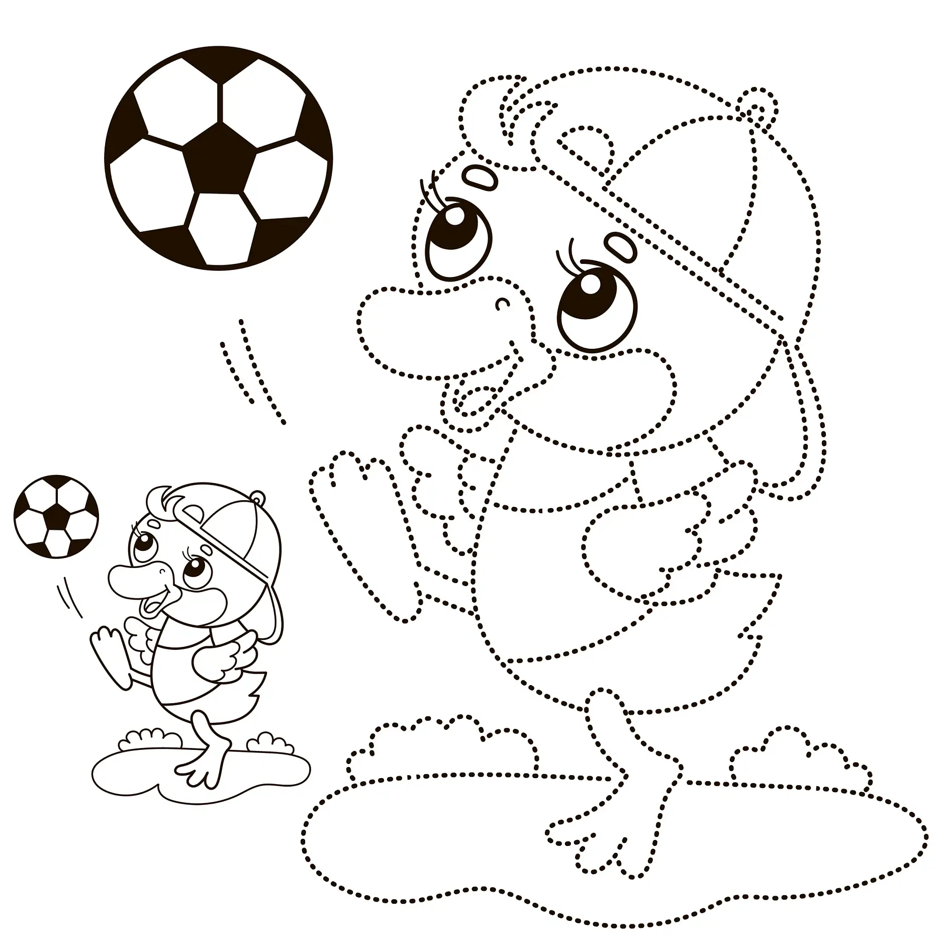 Ausmalbild Ente spielt mit einem Fußball