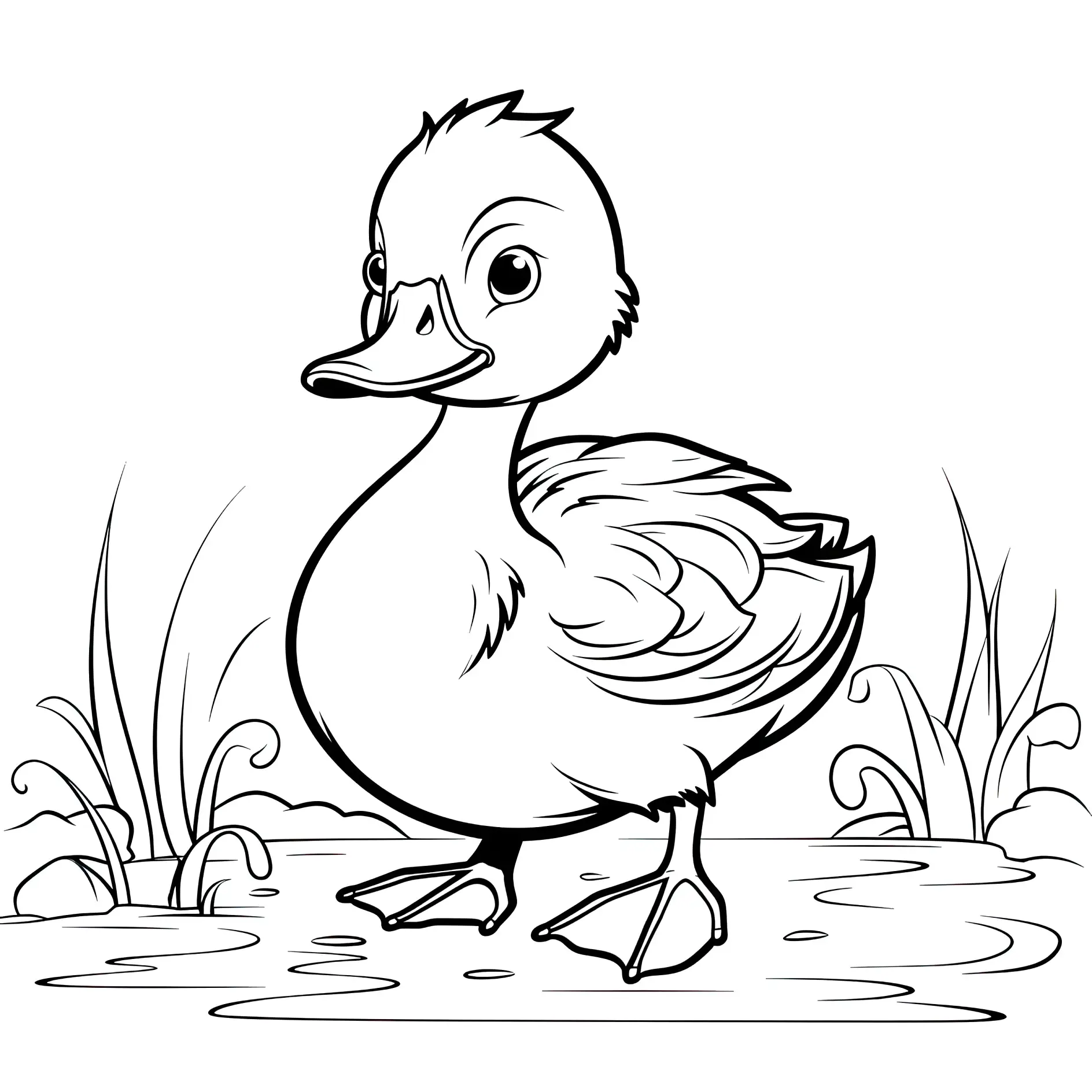 Ausmalbild Ente steht im flachen Wasser