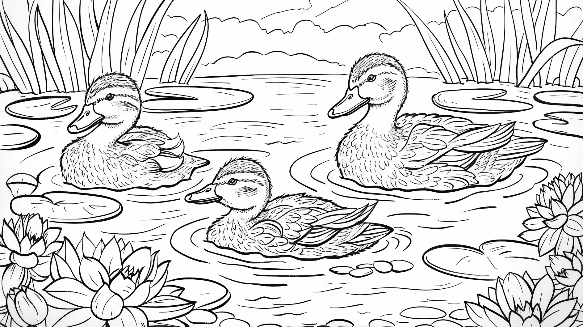 Ausmalbild Enten schwimmen im Teich mit Seerosen und Schilf