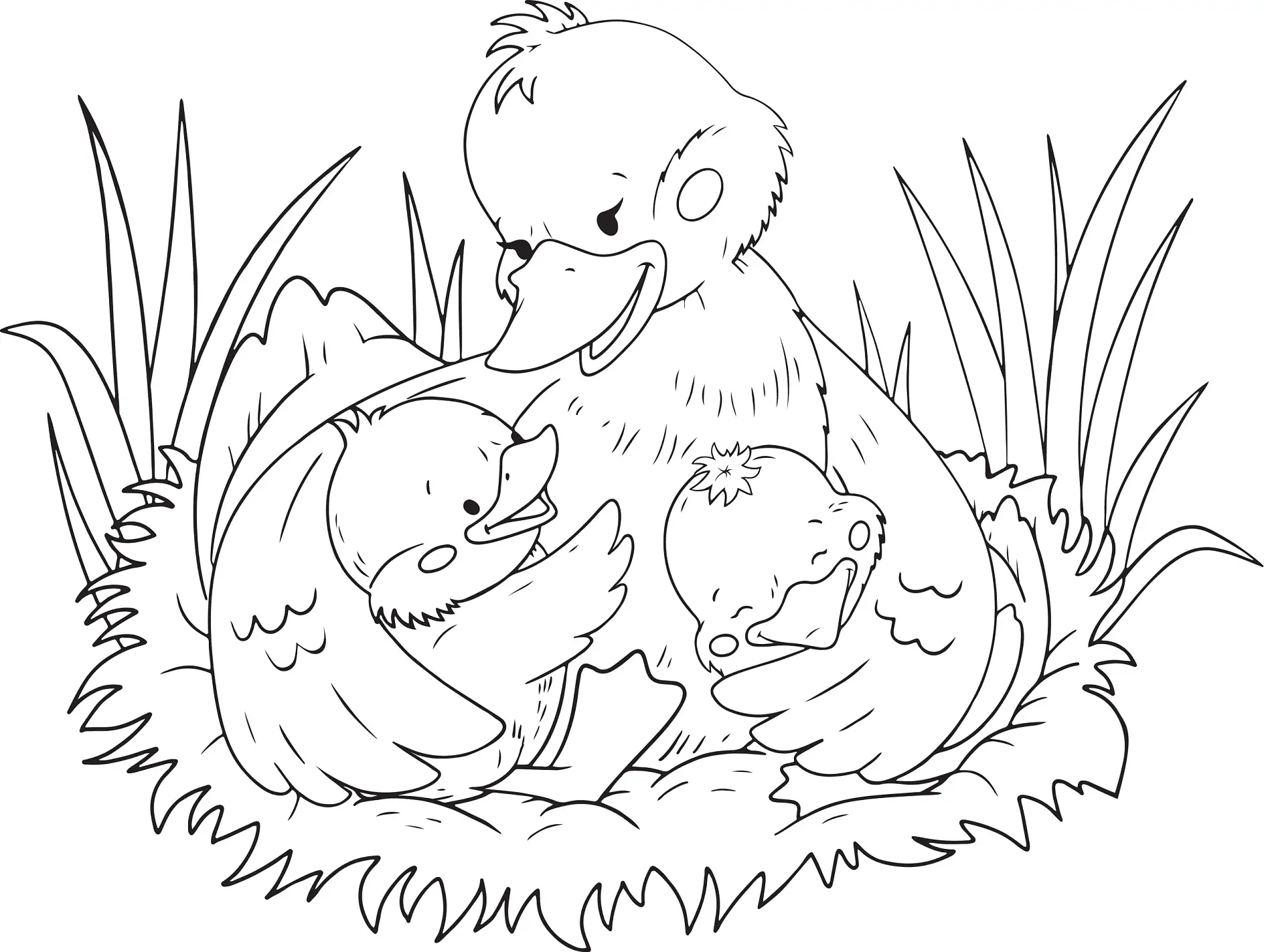 Ausmalbild Entenfamilie kuschelt im Nest