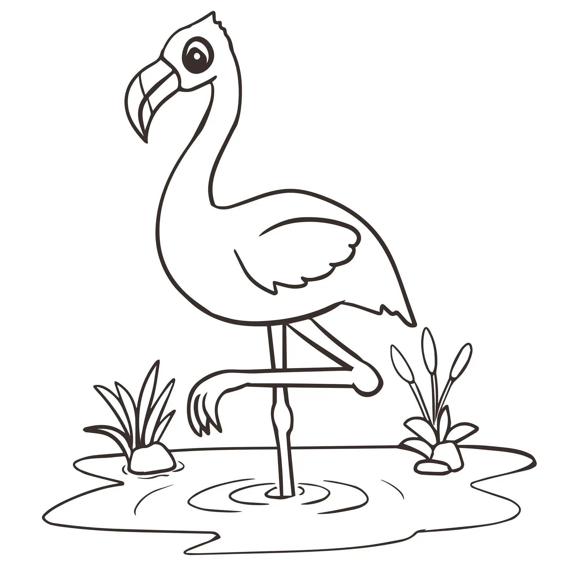 Ausmalbild Flamingo steht auf einem Bein im Wasser