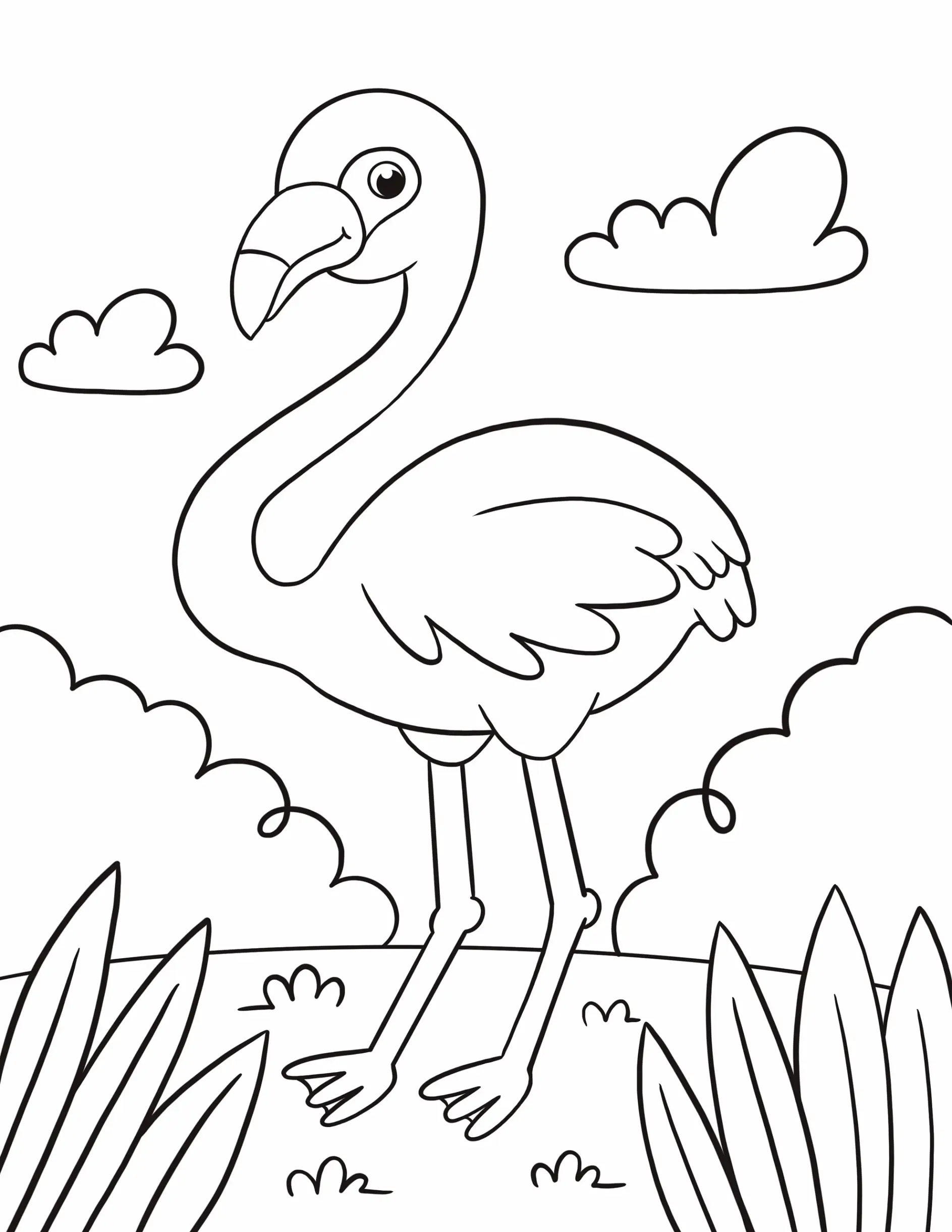 Ausmalbild Flamingo steht auf einer Wiese mit Wolken