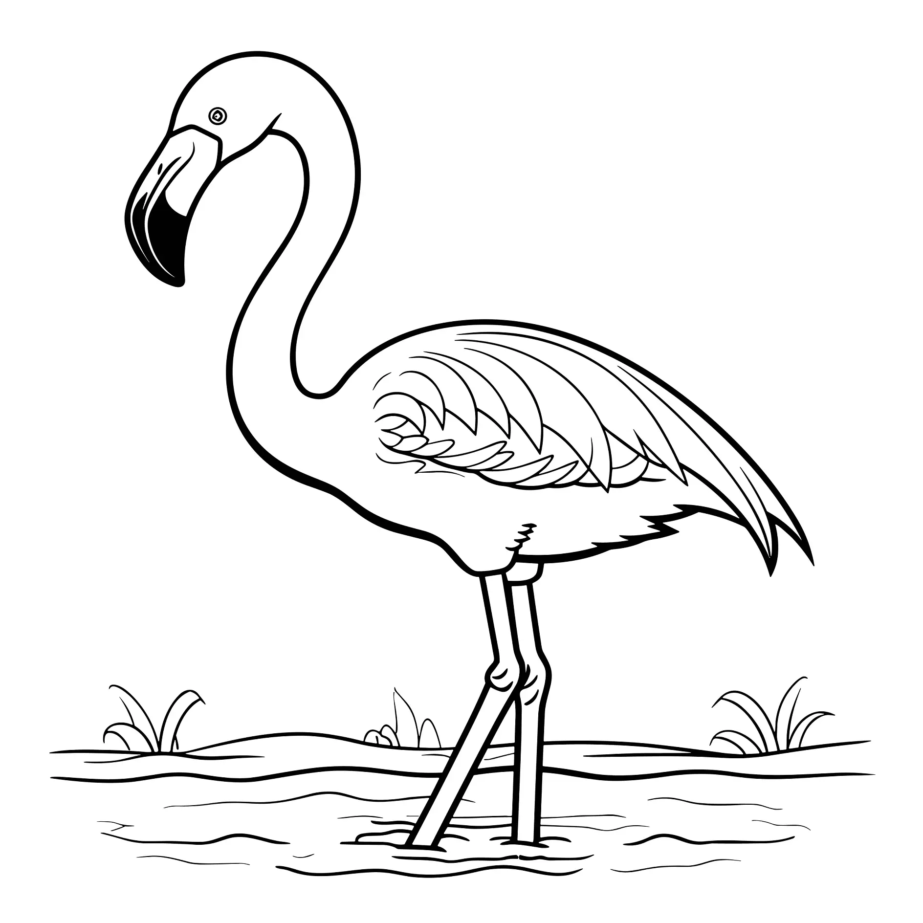 Ausmalbild Flamingo steht im Wasser mit Pflanzen im Hintergrund