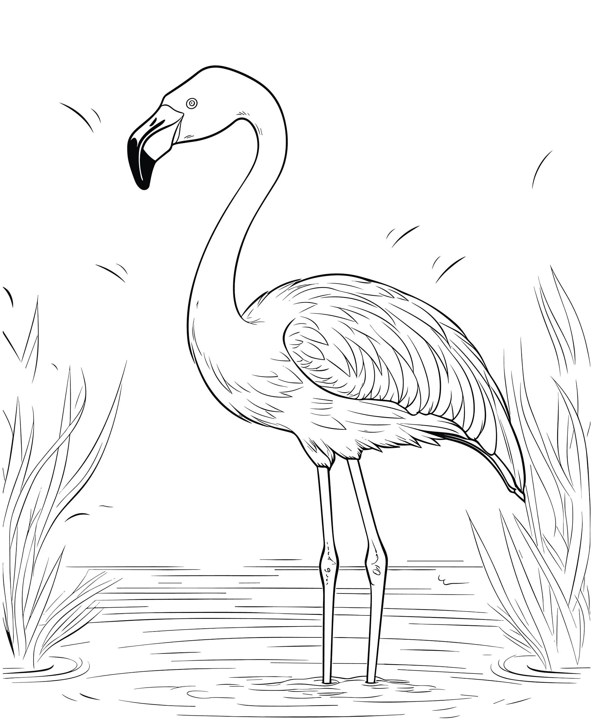 Ausmalbild Flamingo steht im Wasser mit Pflanzen