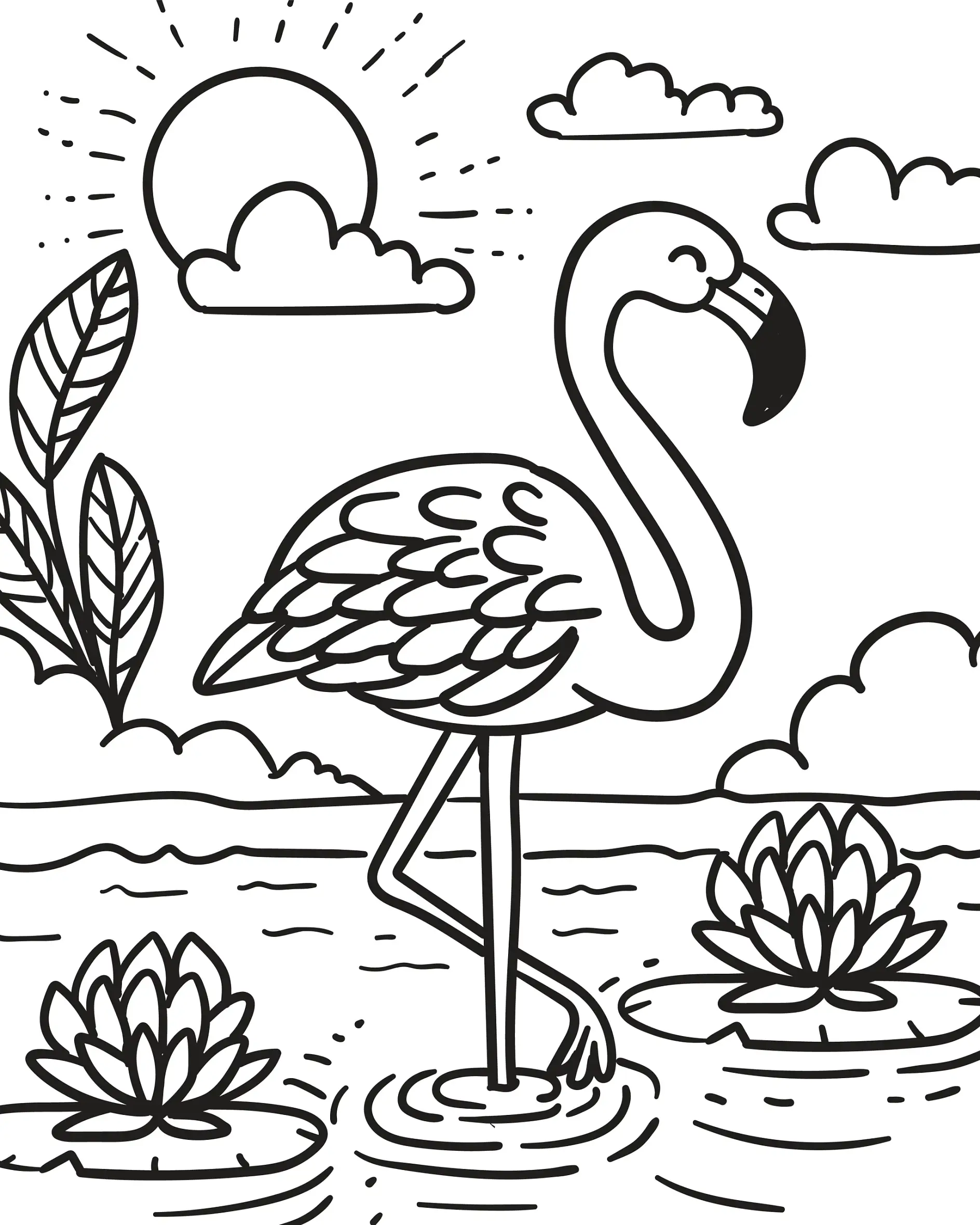 Ausmalbild Flamingo steht im Wasser mit Seerosen und Sonne