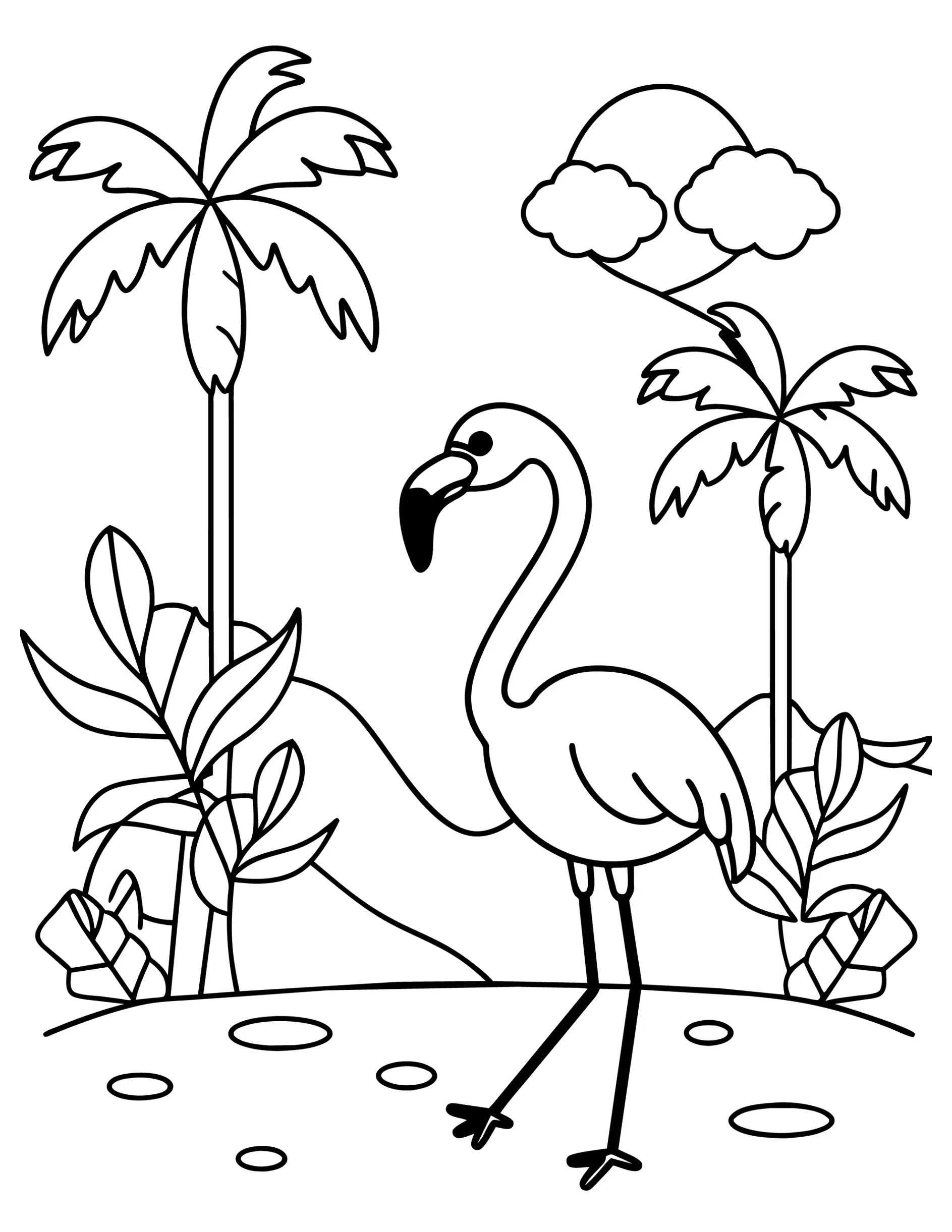 Ausmalbild Flamingo steht in tropischer Landschaft mit Palmen und Wolken