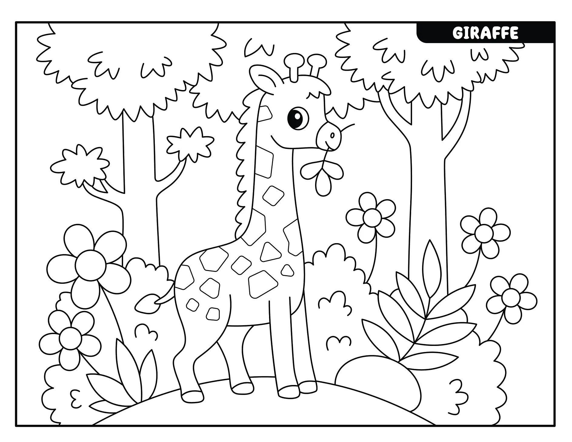 Ausmalbild Giraffe steht im Dschungel mit Blumen und Bäumen