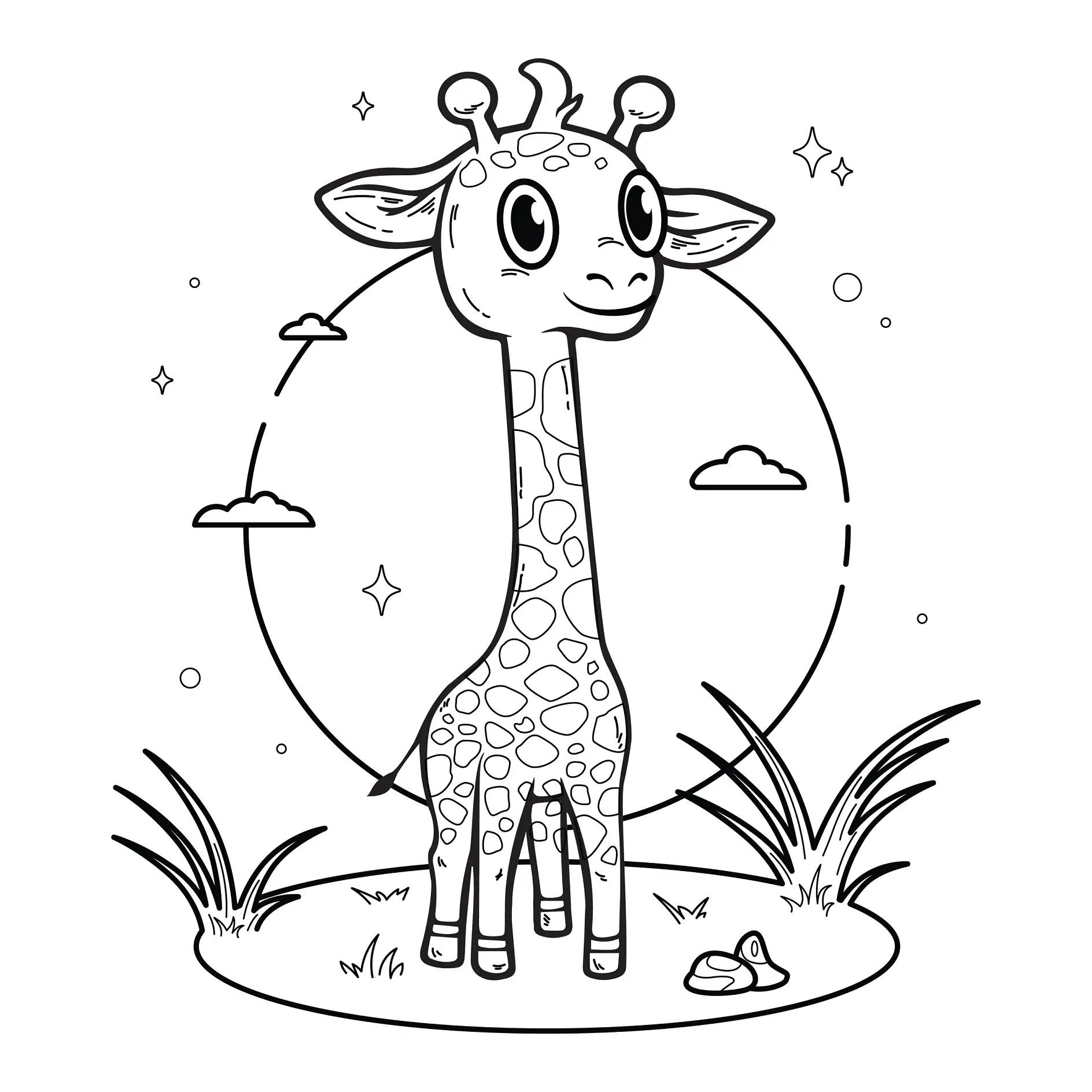 Ausmalbild Giraffe steht lächelnd auf einer Wiese