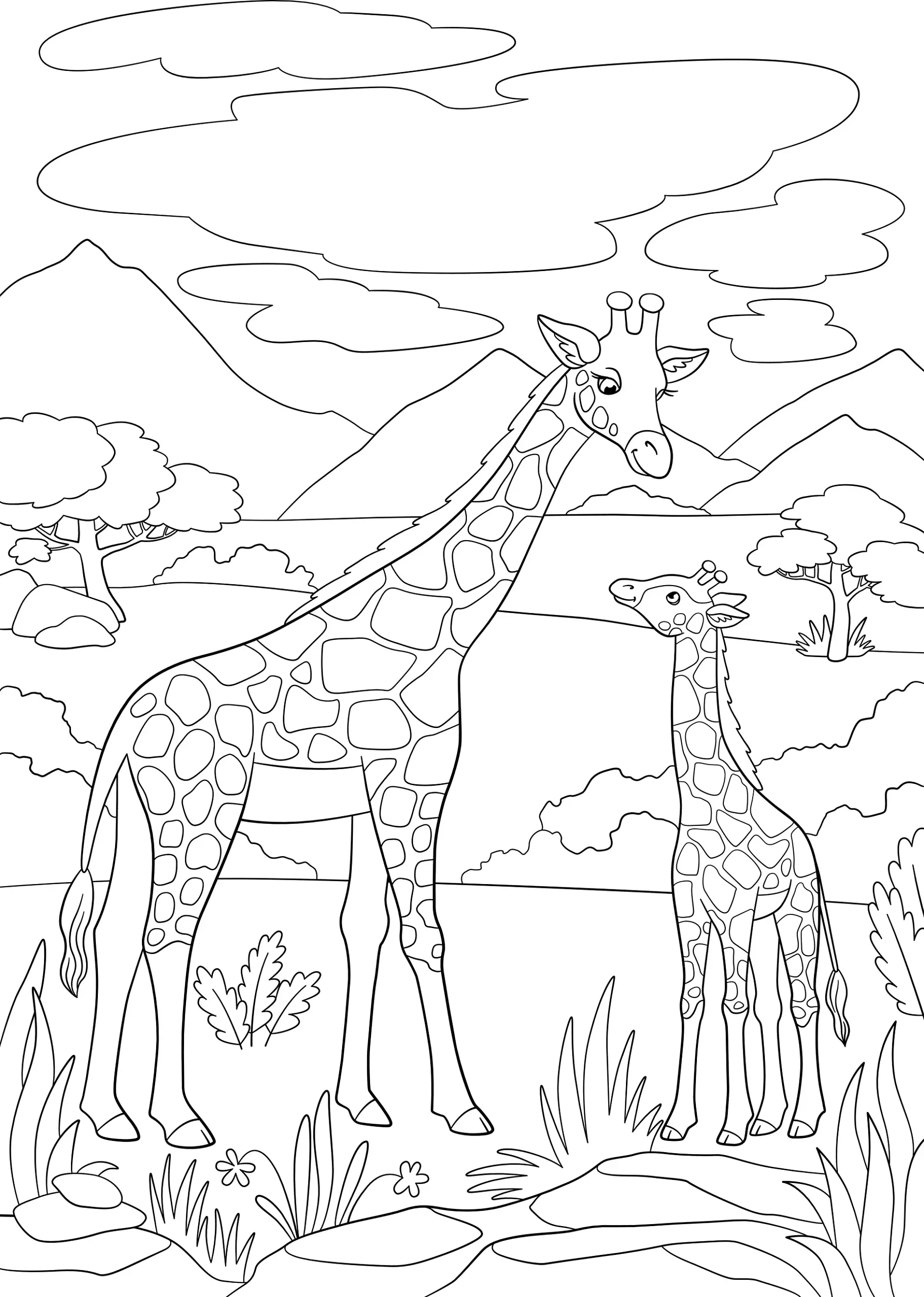 Ausmalbild Giraffen stehen in einer Landschaft mit Bergen