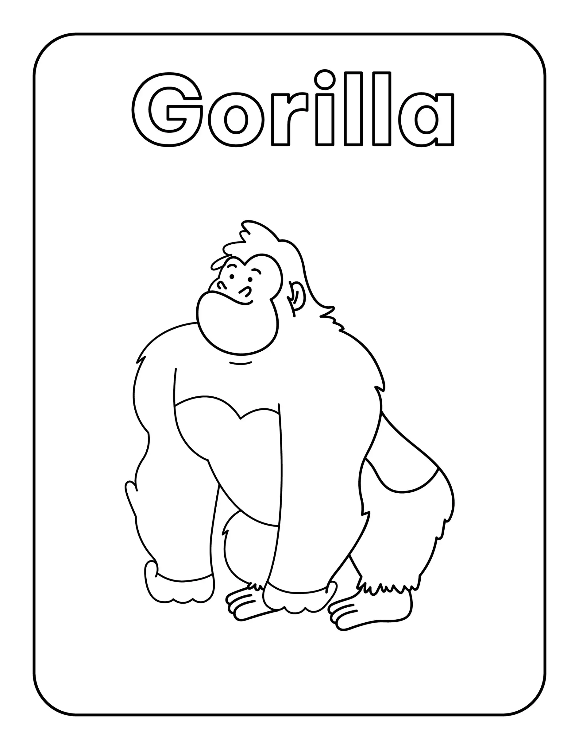 Ausmalbild Gorilla steht auf allen Vieren im Rahmen mit Titel