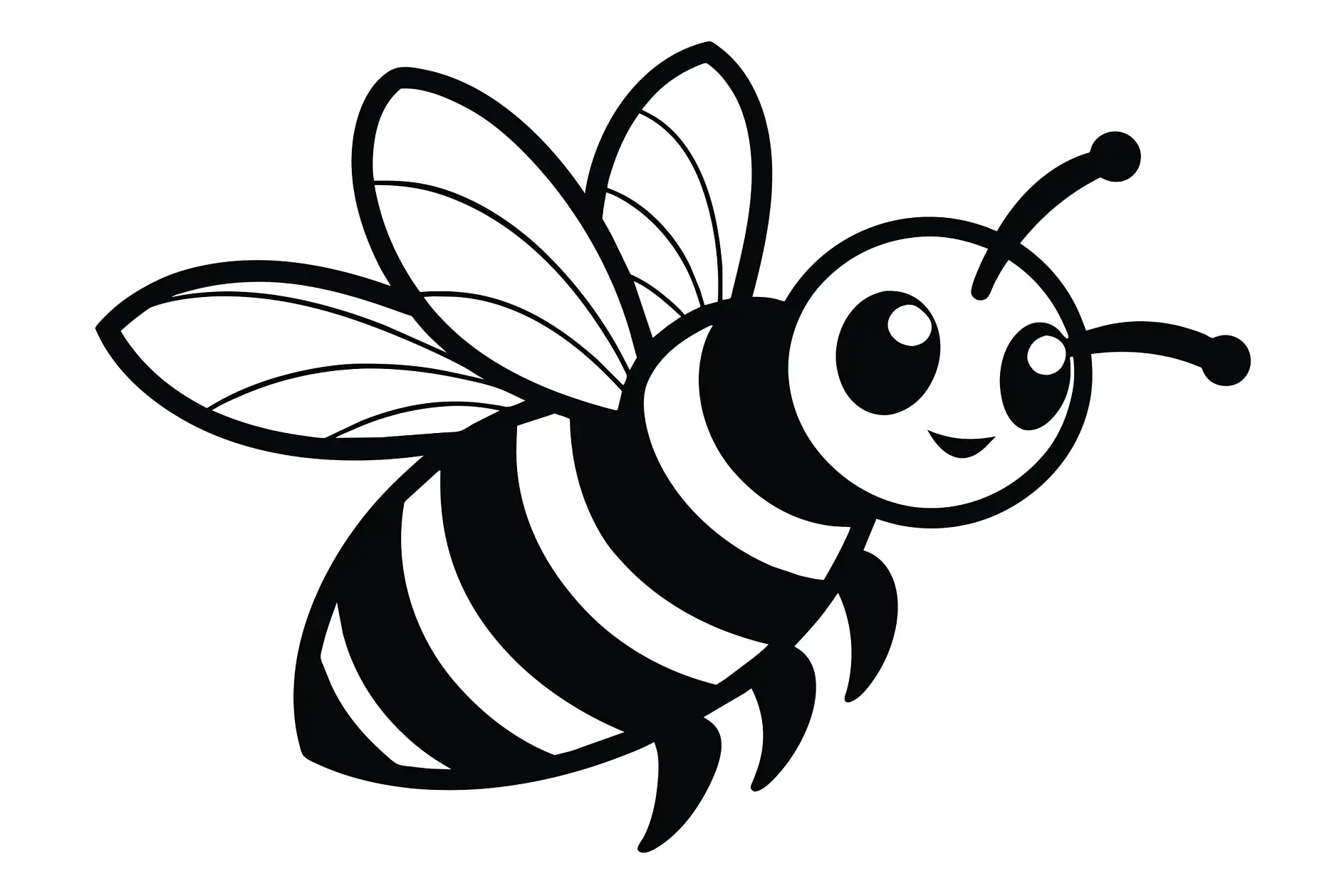 Ausmalbild lächelnde Biene im Flug mit gestreiftem Körper und Flügeln