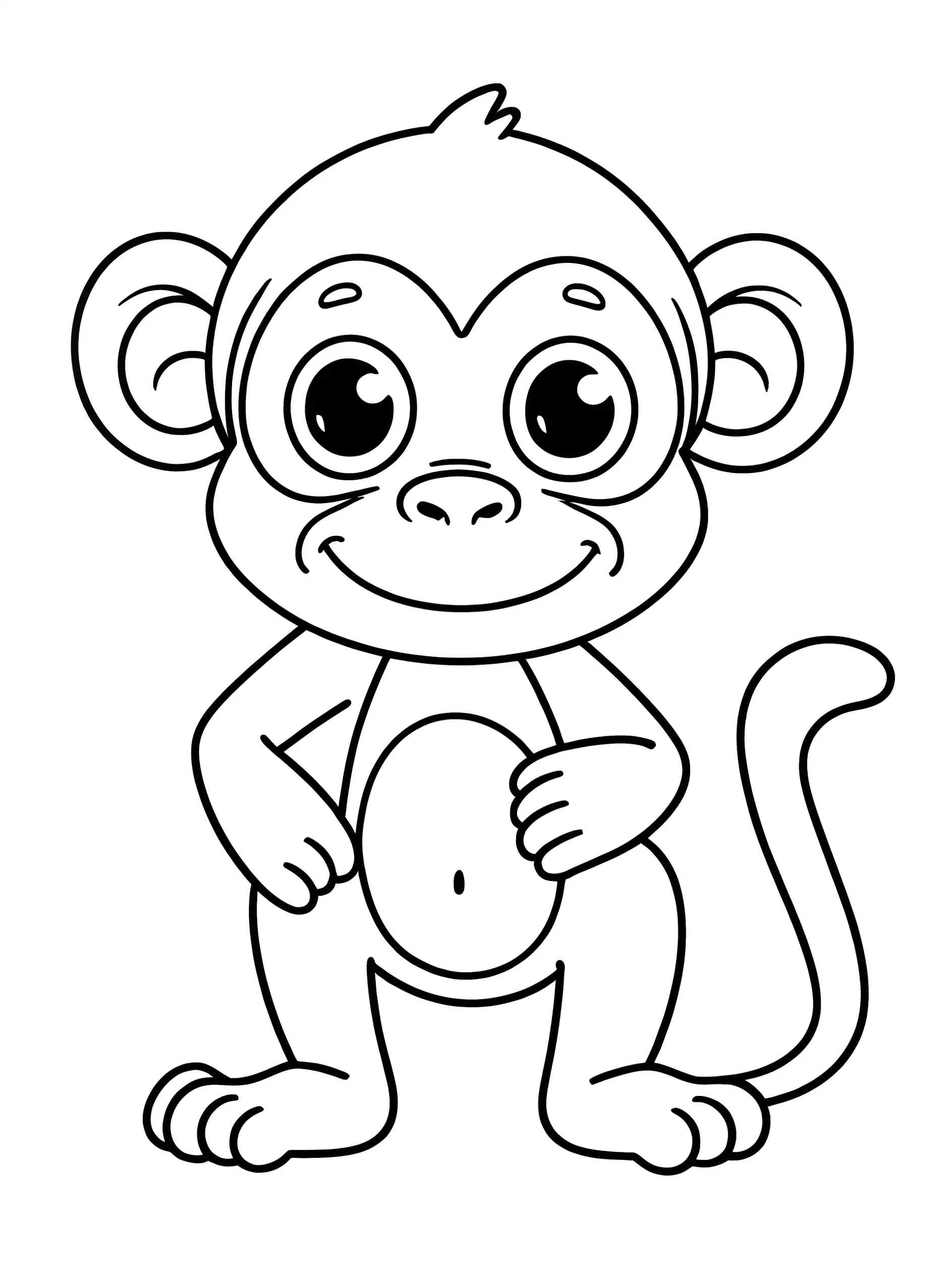 Ausmalbild lächelnder Affe steht aufrecht und schaut nach vorne