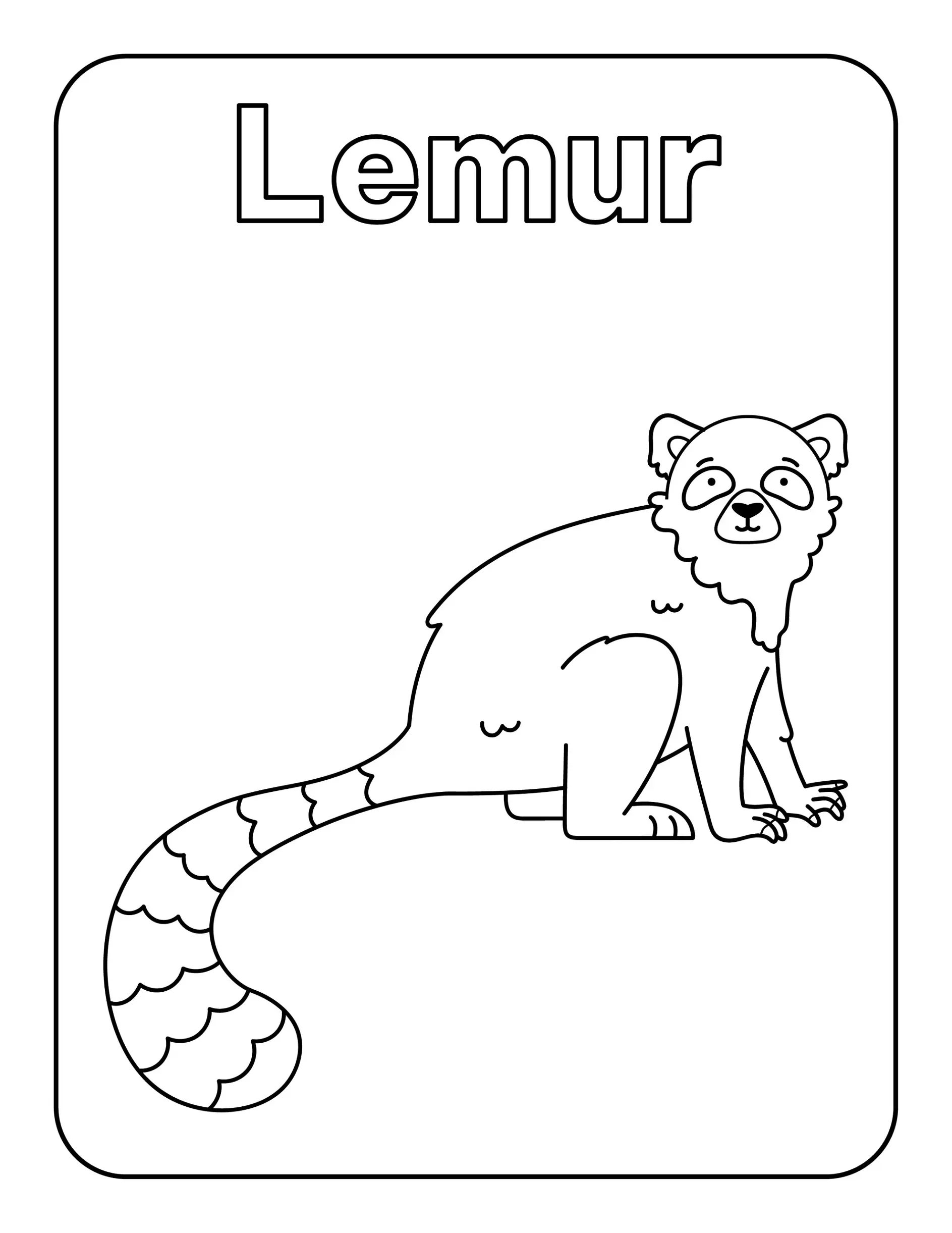 Ausmalbild Lemur steht seitlich im Rahmen mit Titel