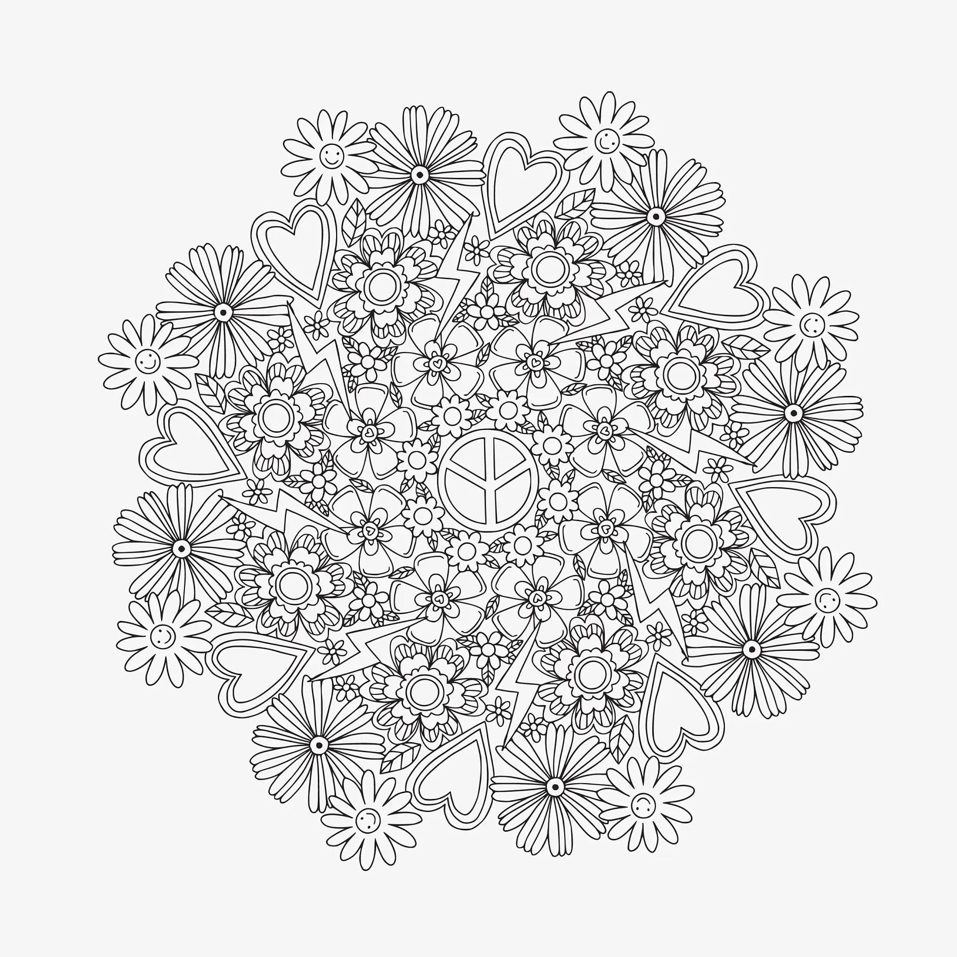 Ausmalbild Mandala Blumen mit Herzen und Friedenszeichen