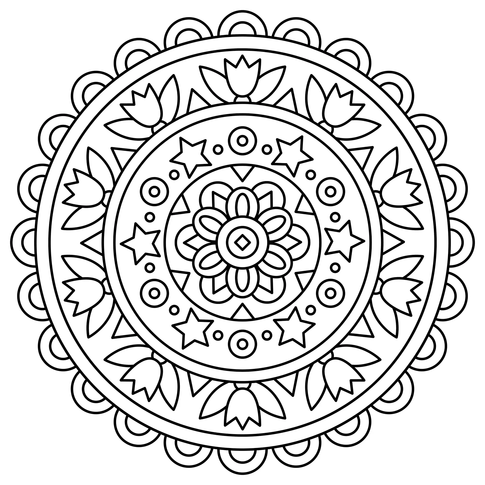 Ausmalbild Mandala Blumen und Sterne symmetrisch