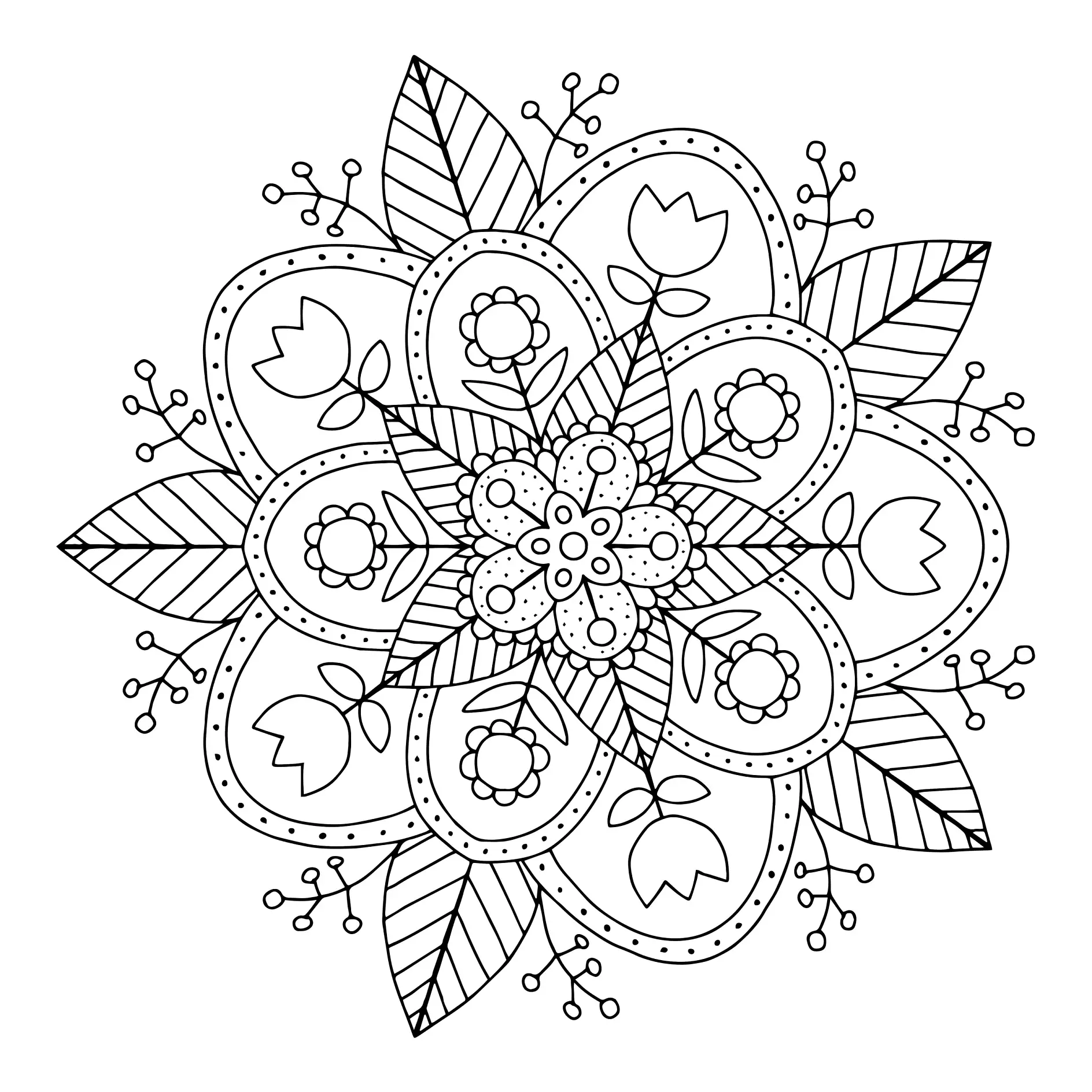 Ausmalbild Mandala Blumenmuster mit Blättern und dekorativen Elementen