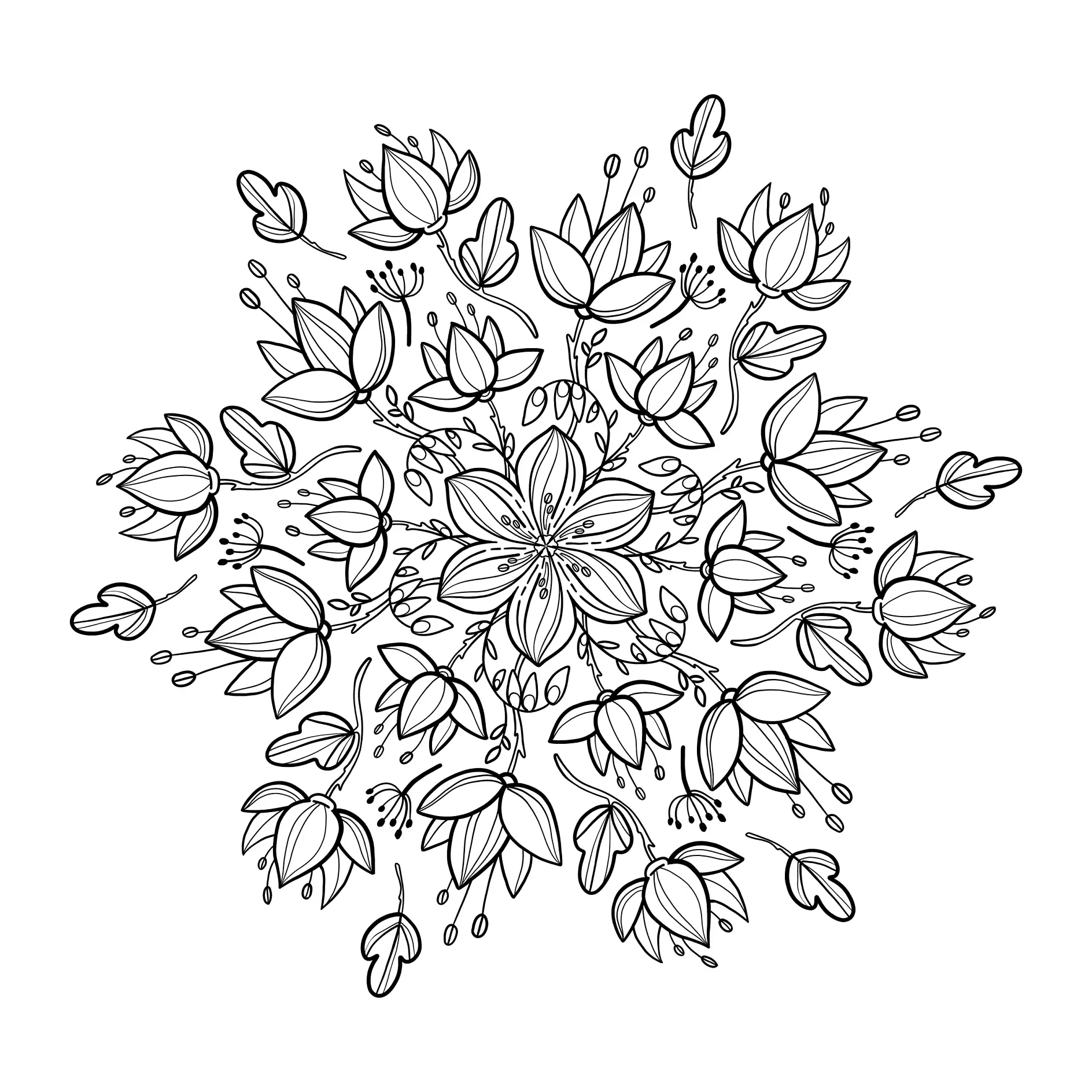 Ausmalbild Mandala Blumenmuster mit Blüten und Blättern