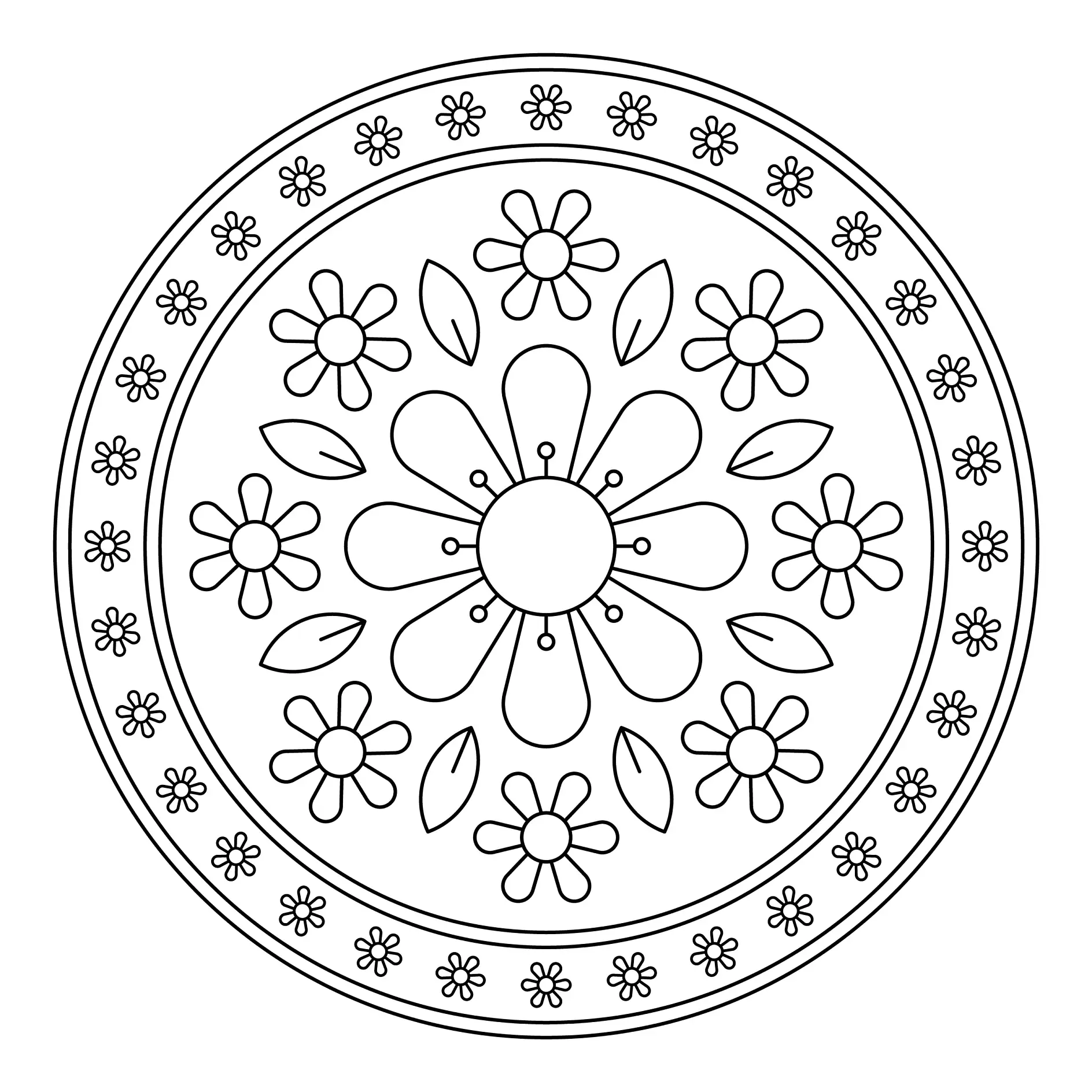 Ausmalbild Mandala einfache Blumen und Blätter in Kreisen