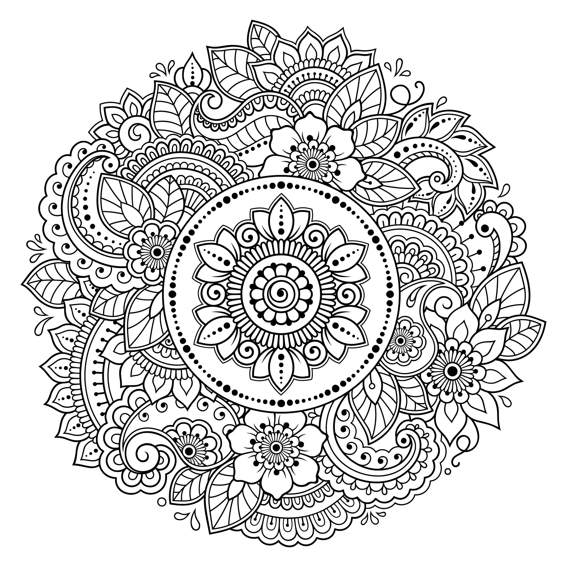 Ausmalbild Mandala komplexe Blumen und Blättermuster