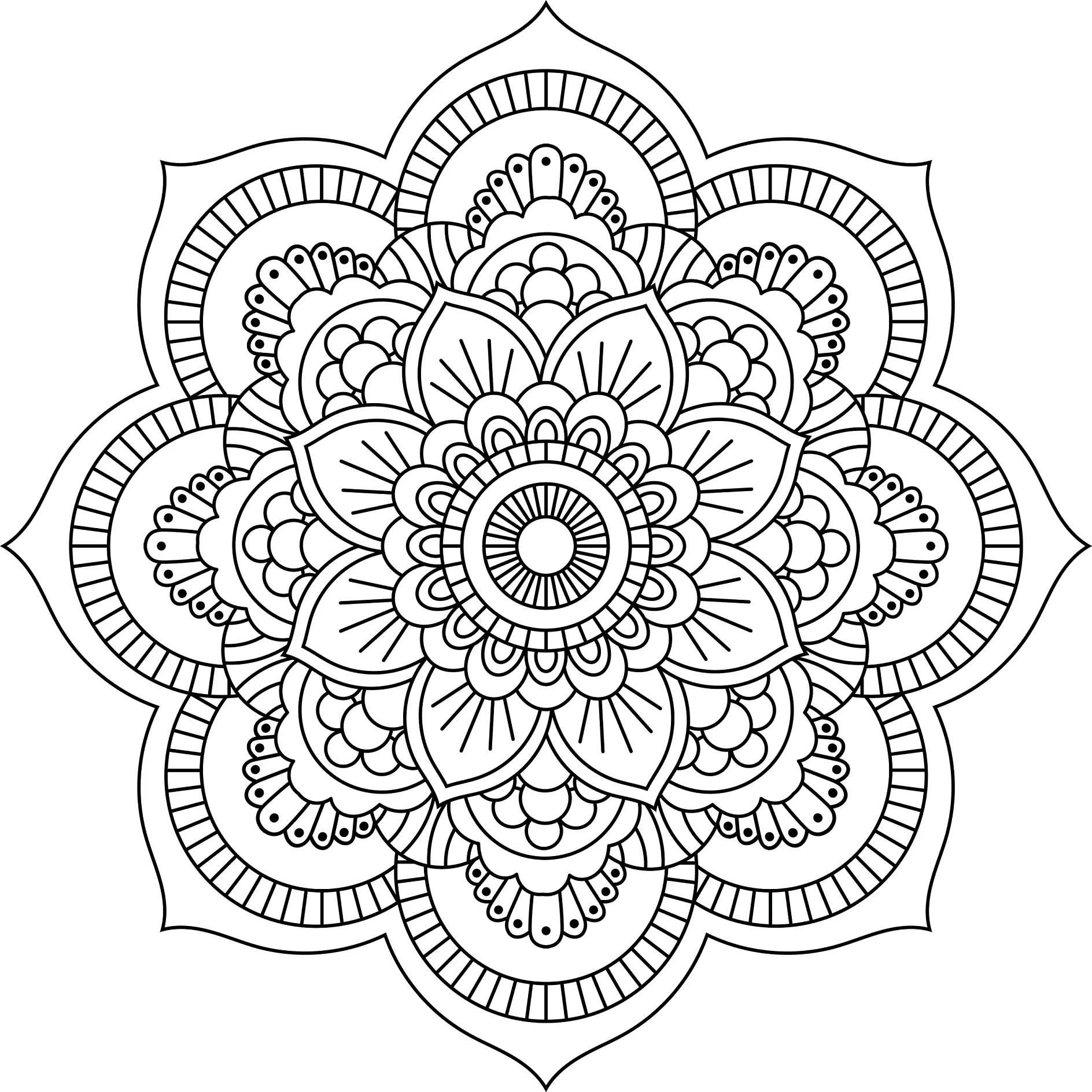 Ausmalbild Mandala mit Blütenblätter und Kreisen