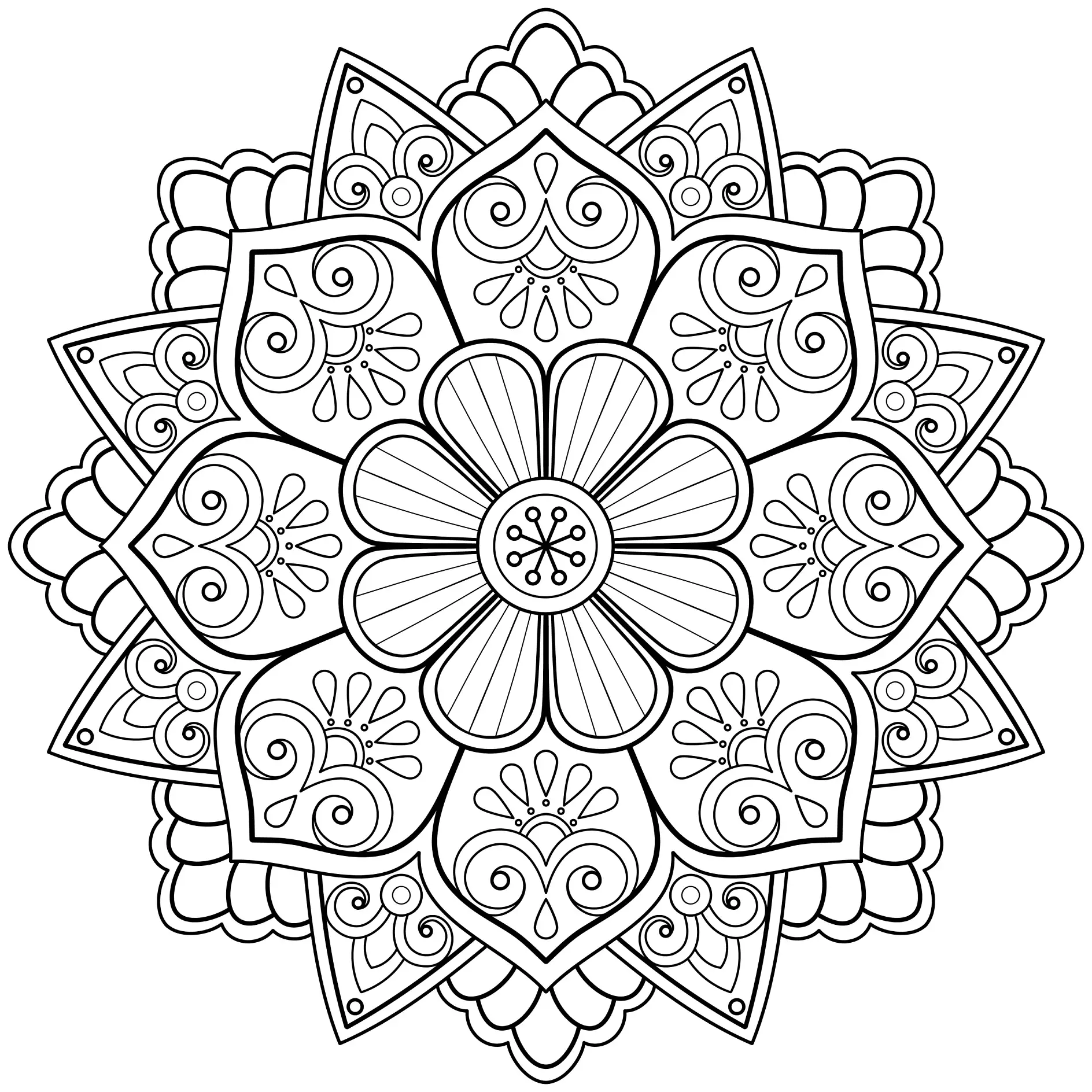 Ausmalbild Mandala mit Blumen und detaillierten Mustern