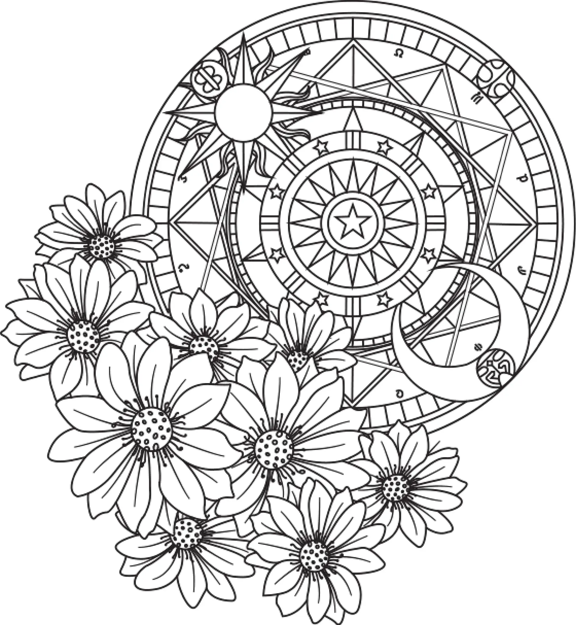 Ausmalbild Mandala mit Blumen und einem astronomischen Design im Hintergrund