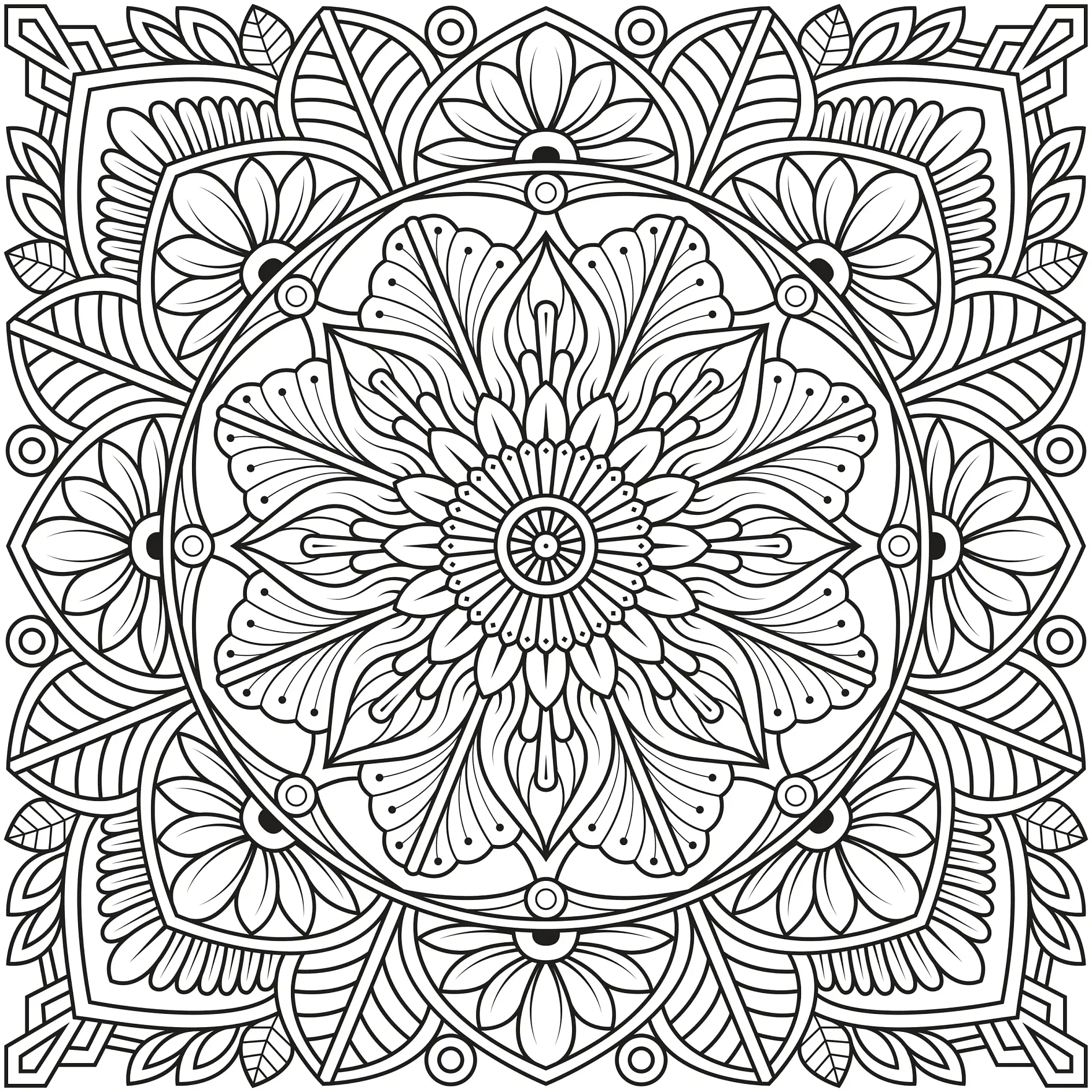 Ausmalbild Mandala mit Blumen und symmetrischen Blütenmustern