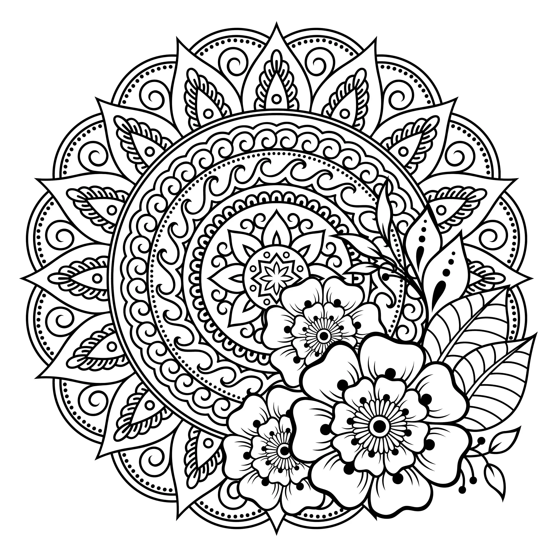 Ausmalbild Mandala mit Blumenarrangement und dekorativen Kreisen