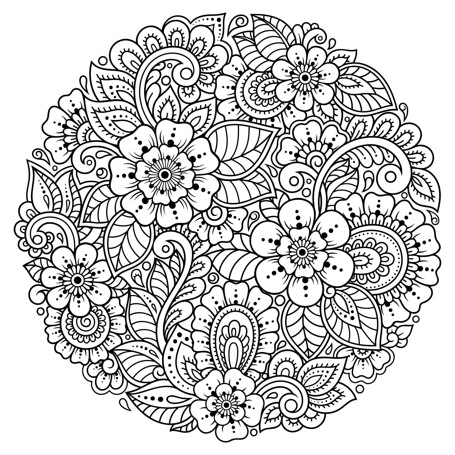 Ausmalbild Mandala mit Blumenranken und Blättern