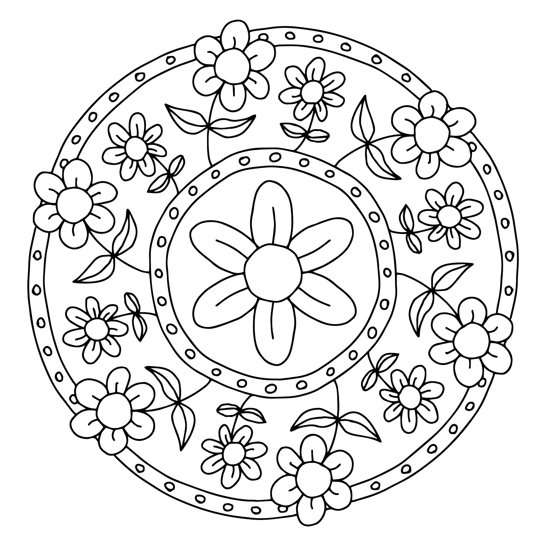 Ausmalbild Mandala mit einfachen Blumen und Kreisen