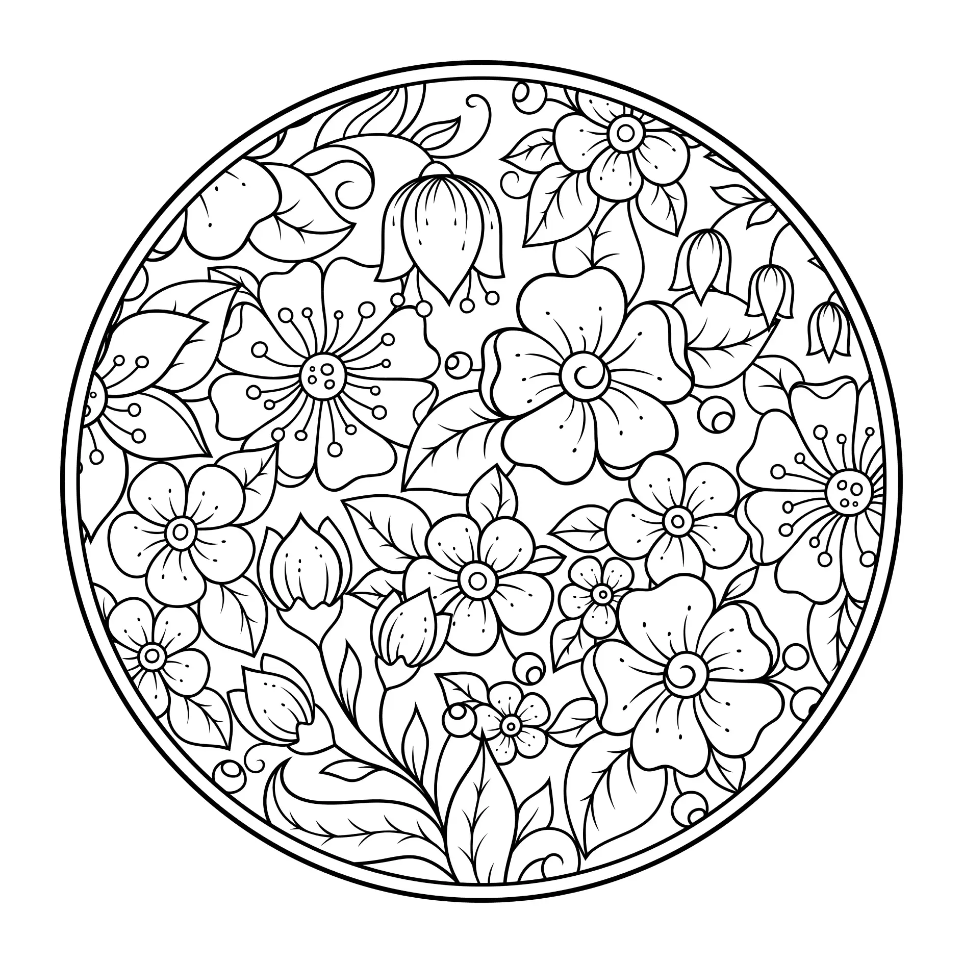 Ausmalbild Mandala mit runden Blumenmustern und Blättern