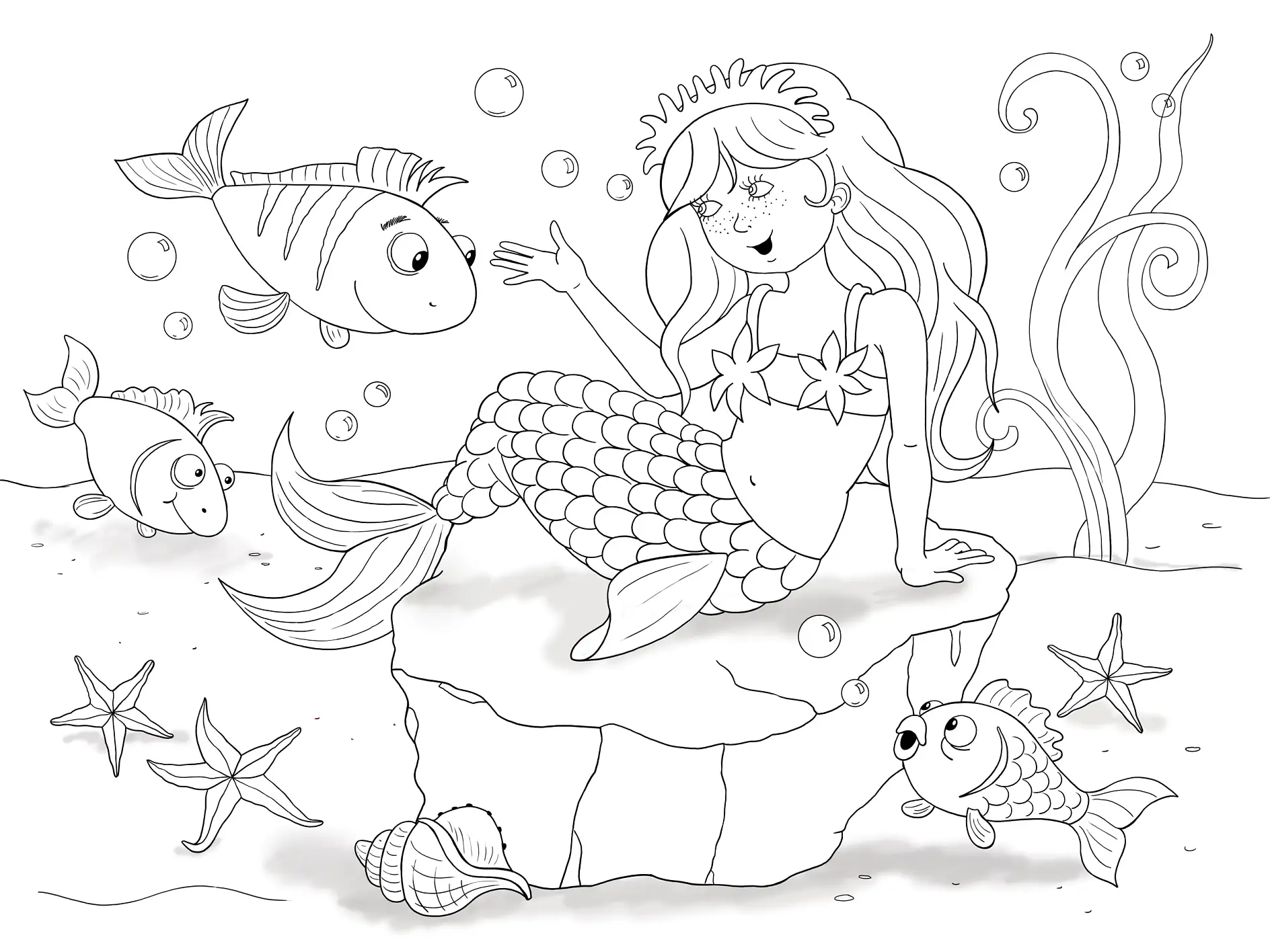 Ausmalbild Meerjungfrau auf einem Felsen mit Fischen und Seesternen